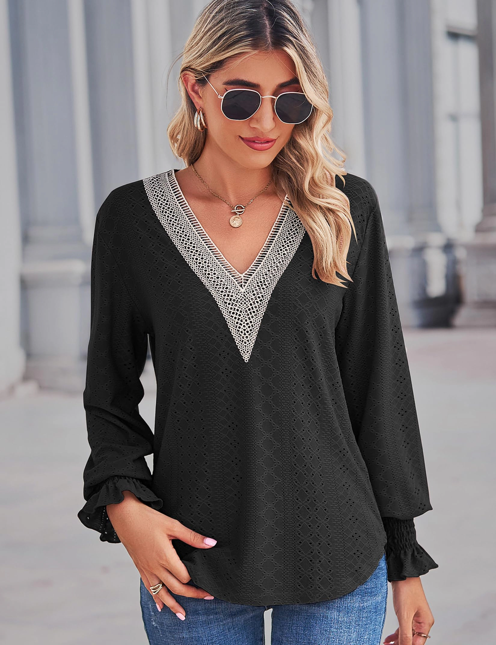KOJOOIN Women V Neck Eyelet Blouse Lace Trim Long Balloon Sleeve Tunic Top Smocked Ruffle Cuff Trendy Shirt