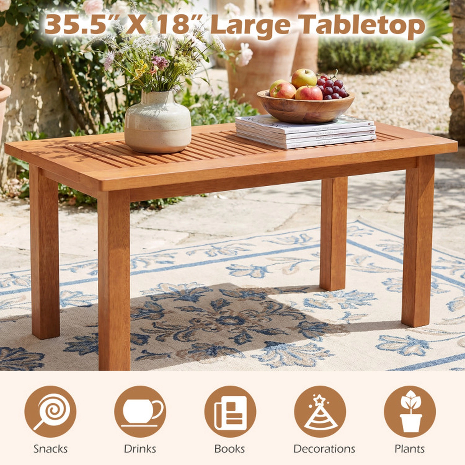 SUGIFT 35.5-in Outdoor Modern Rectangular Hardwood Coffee Table with Slatted Top 130-lb Capacity Rustic Brown 1-Piece
