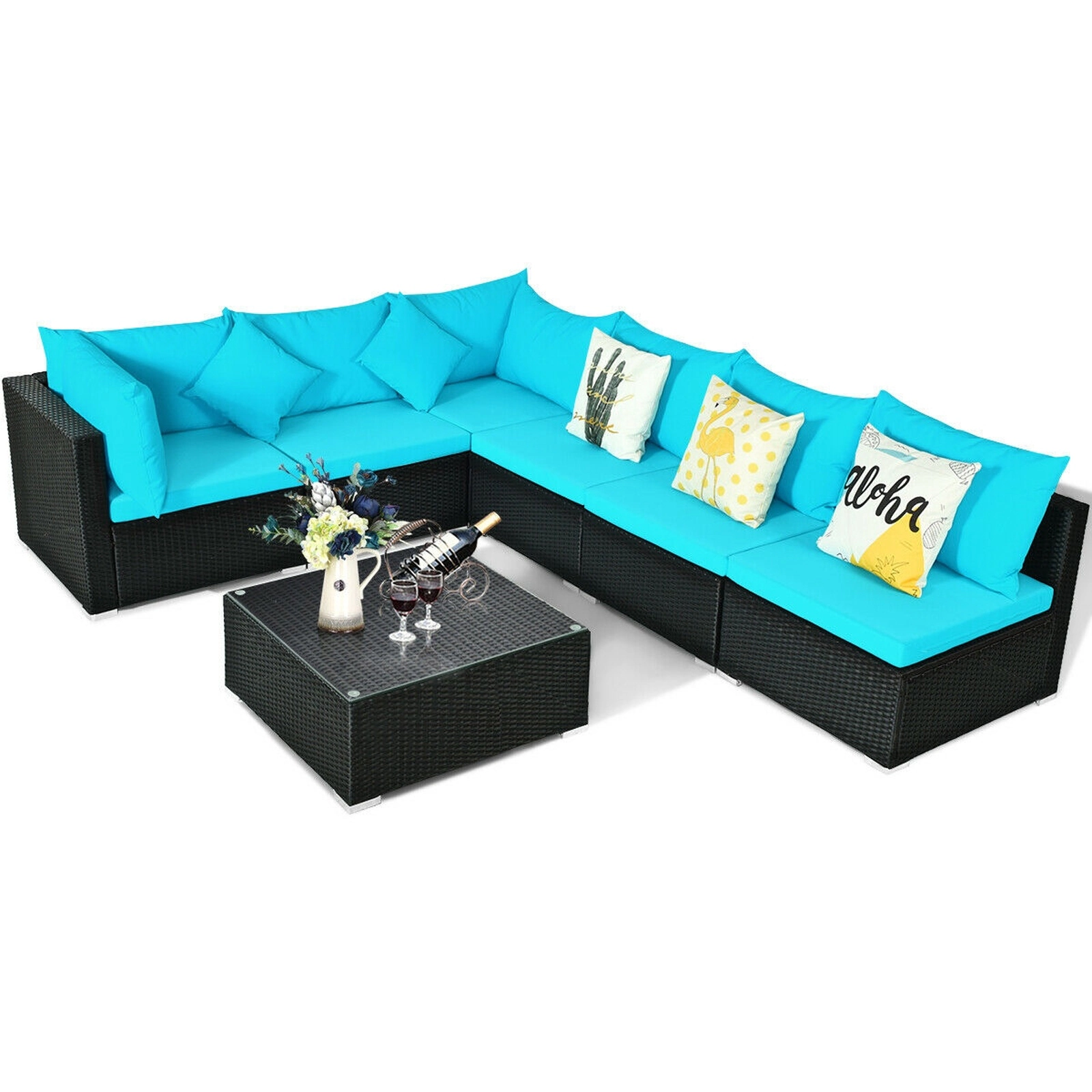 SUGIFT 7-Piece Blue Wicker Patio Sectional Sofa Set with Glass Table