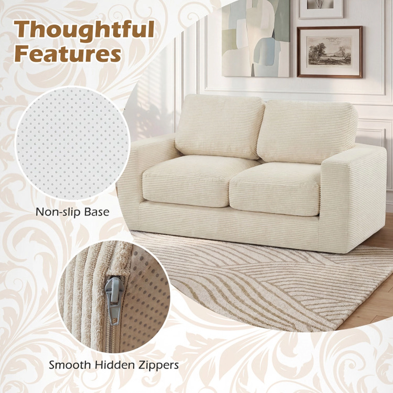 SUGIFT Beige Removable Corduroy Cover 2-Seater Floor Couch Loveseat Foam Sofa