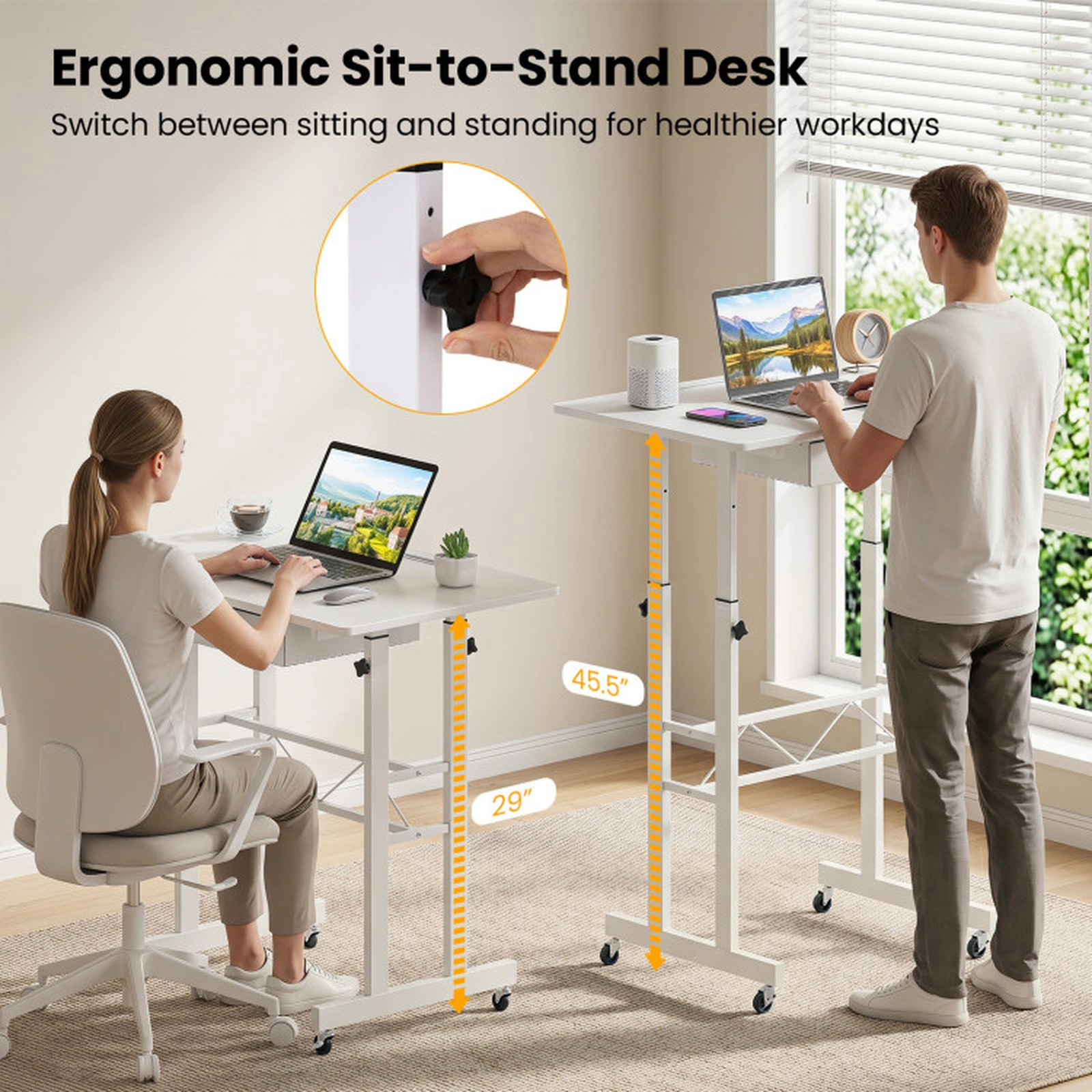 SUGIFT Height Adjustable Laptop Desk with Fabric Drawer Tablet Holder Lockable Wheels 45-lb Tabletop Capacity White