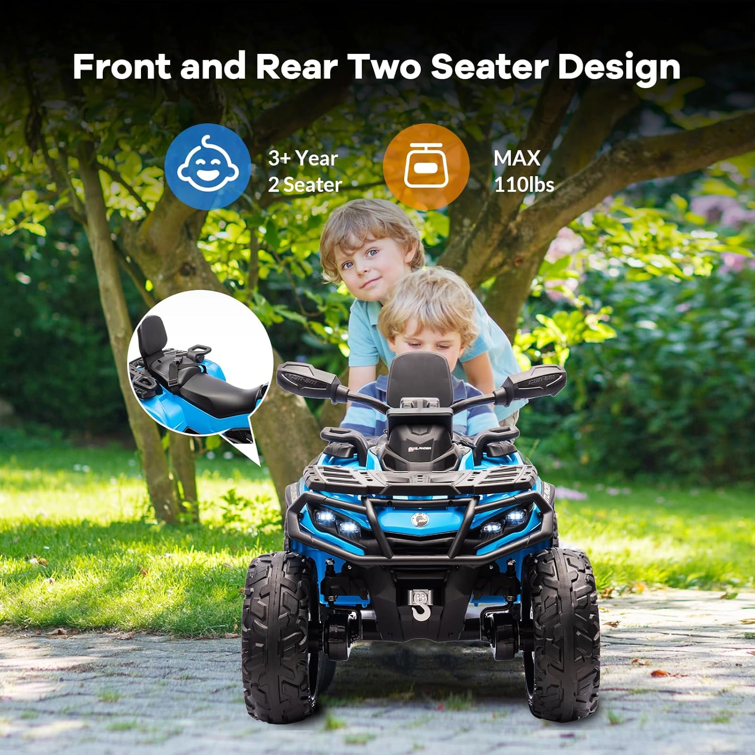 12V Licensed Can-Am Kids Electric ATV, 2-Seater Ride-On Car, 2×200W Motors, LED Lights, Music & Suspension