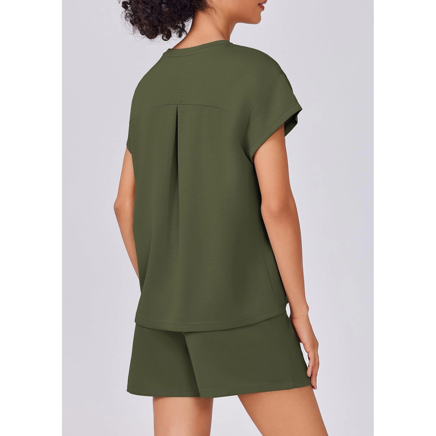 Pinspark Womens Crew Neck Short Sleeve Tops Drawstring Shorts Solid Casual Lounge Set