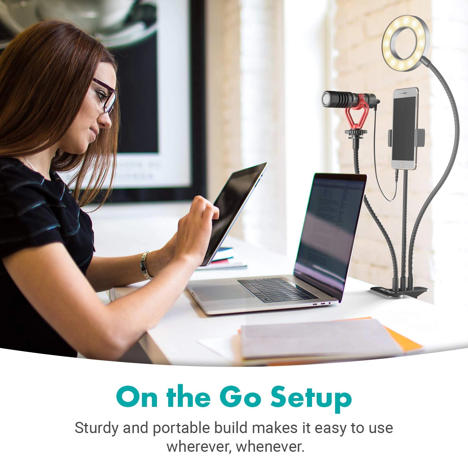 Movo VGC-3 Selfie Ring Light Stand with Cell Phone Holder and Third Flexible Arm with a 1/4" Mount for Microphones