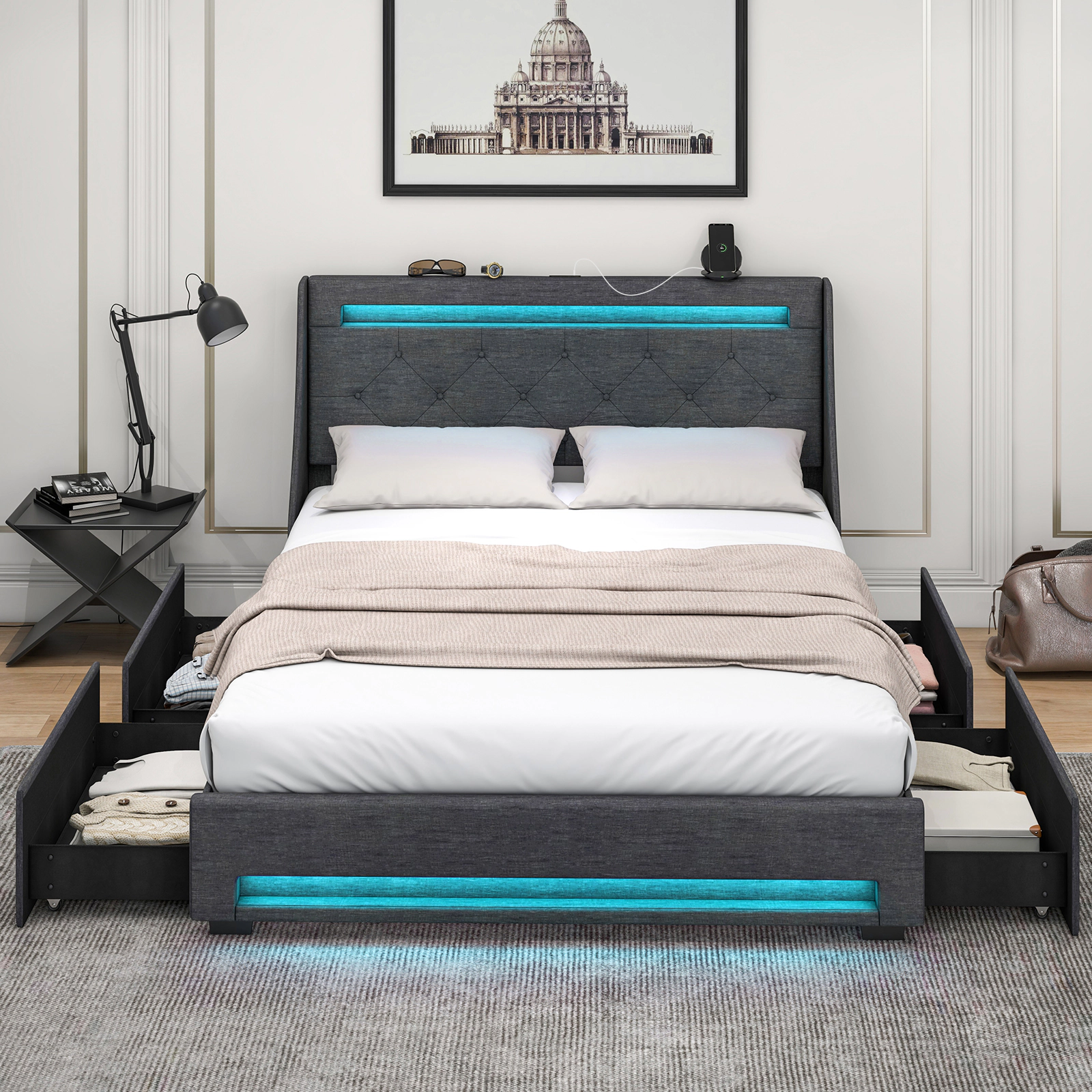 SUGIFT Full Upholstered Platform Bed with LED Lights, Tufted Wingback Headboard, Charging Station and 4 Drawers