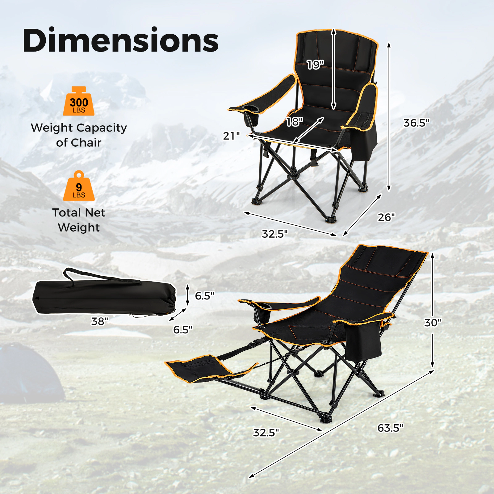 SUGIFT 330-lb Capacity Folding Camping Lounge Chair with Retractable Footrest Cooler Bag and Carry Bag
