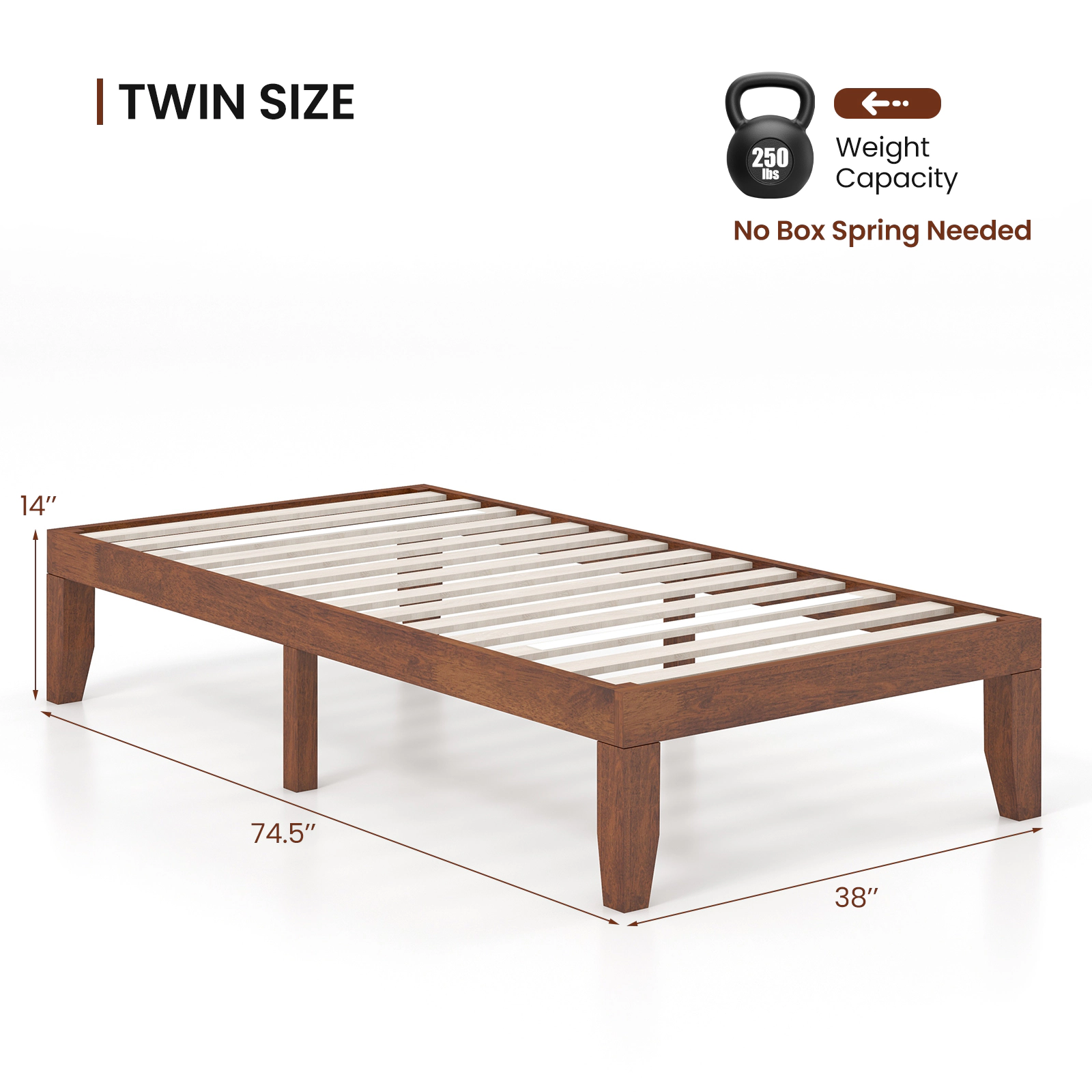 SUGIFT 14-In Twin Rubber Wood Platform Bed Frame Slat Support 250-Lb Capacity 10.5-In Under-Bed Storage Walnut Finish