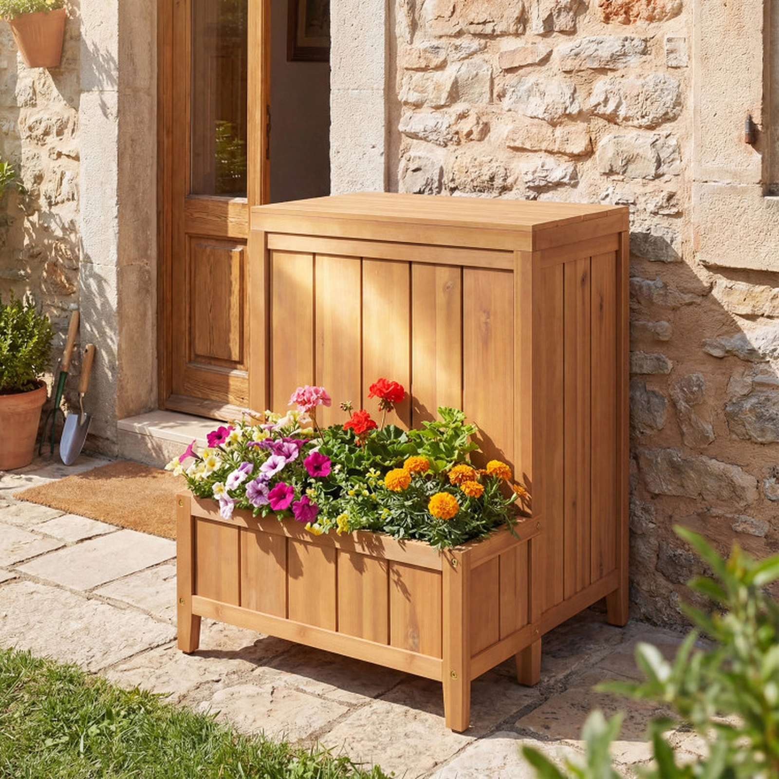 SUGIFT Acacia Wood Built-In Planter Gas Rod Lid Outdoor Package Delivery Box 23-in x 21-in x 28-in 165-lb Top Natural