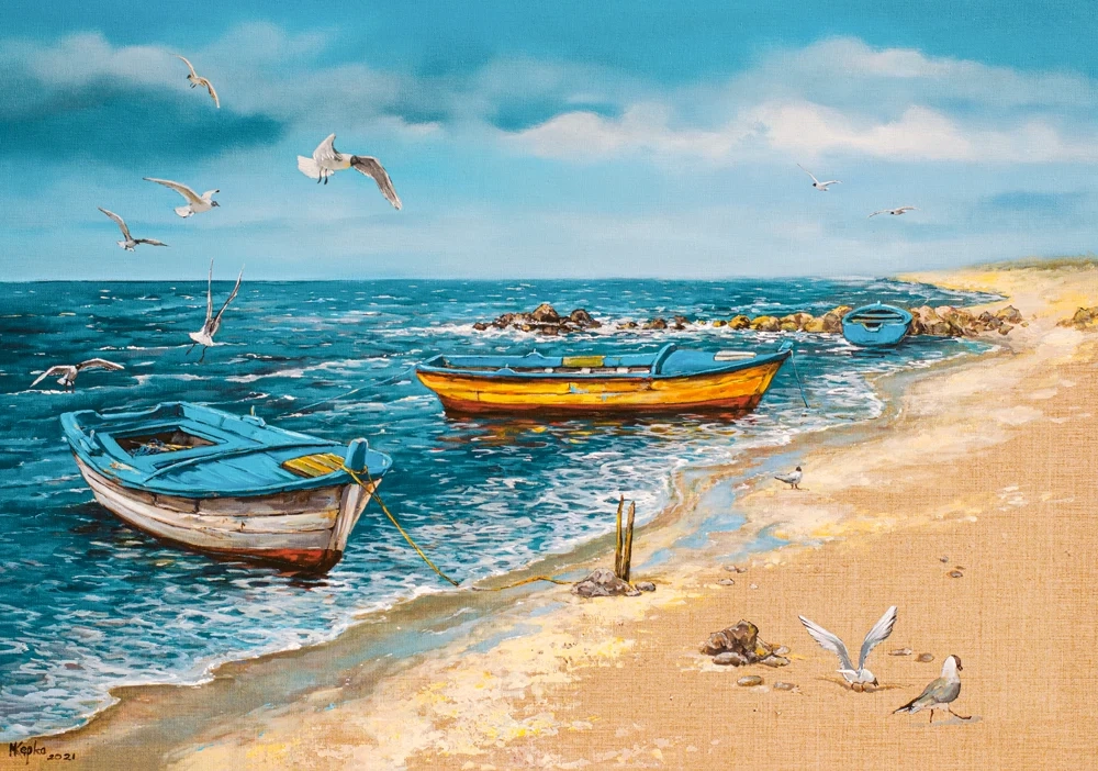 CASTORLAND 500 Piece Jigsaw Puzzles, Morning at the Seaside, Art Collection, Fishing Boats, Oil Painting, B-53919