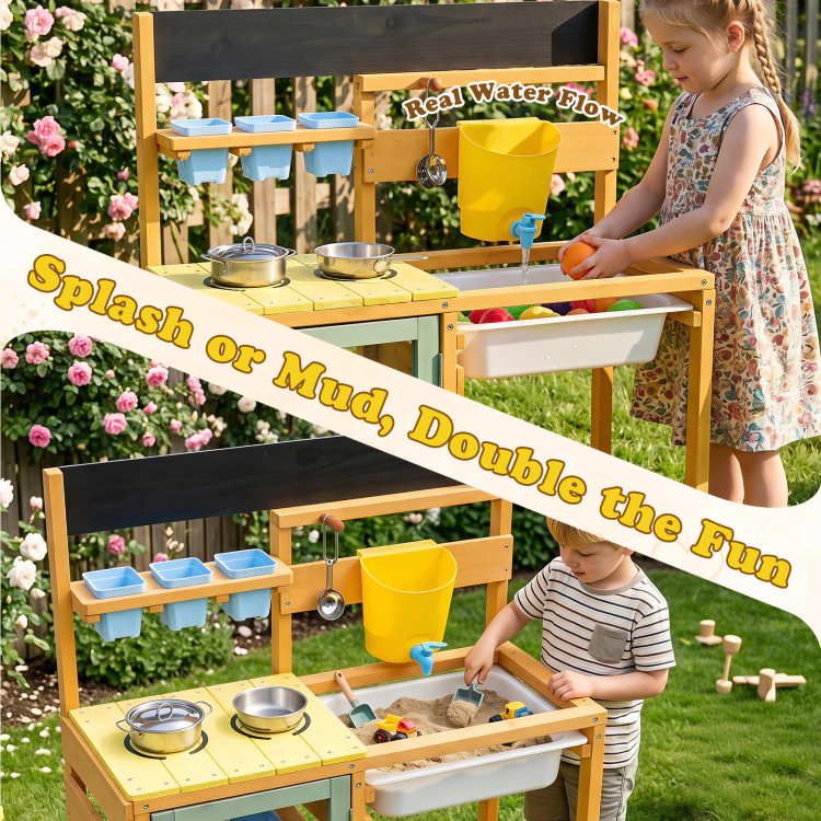 Hivvago Wooden Mud Kitchen for Toddlers with Faucet and Water Tank