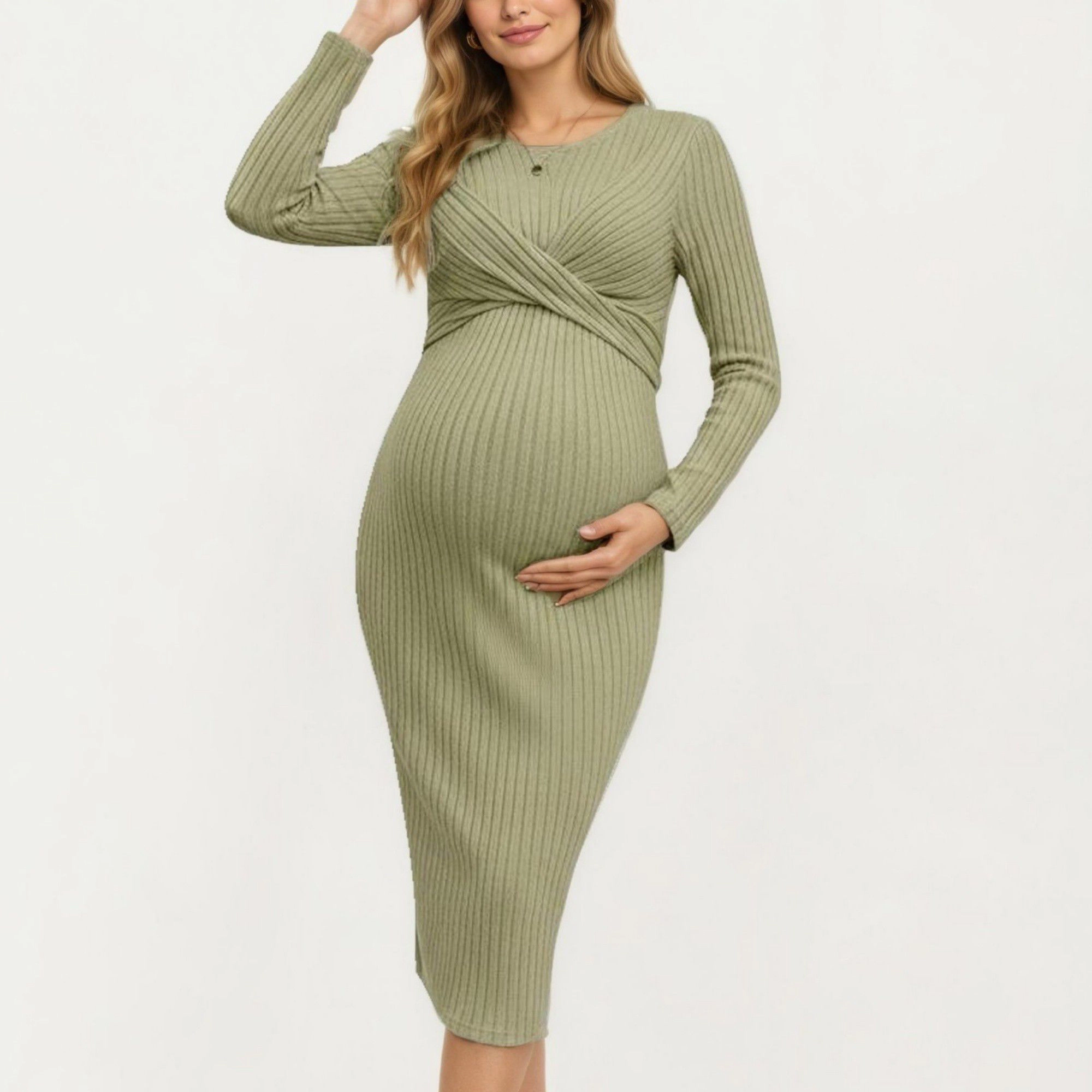 Anna-Kaci Women's Ribbed Knit Long Sleeve Maternity Twist Front Bodycon Midi Dress