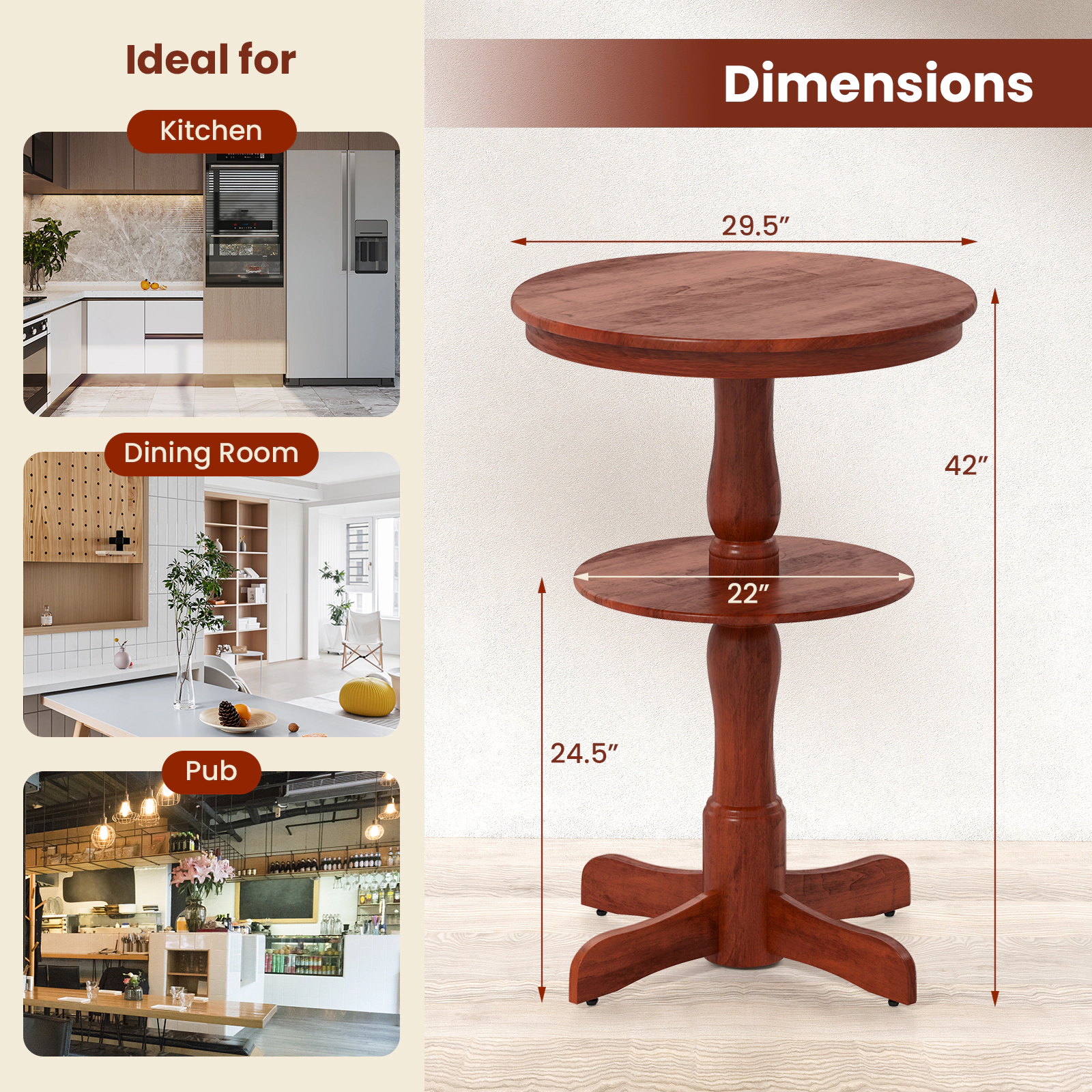 SUGIFT 2-Tier Round High Top Bar Table with Storage Shelf and Pedestal Base 88-lb Tabletop Capacity Espresso