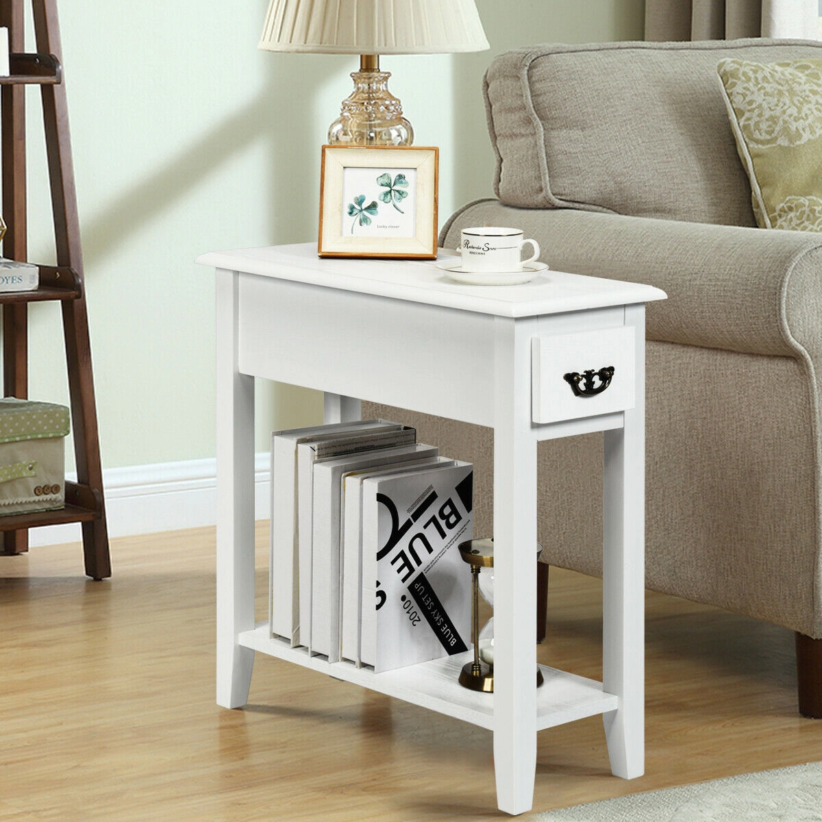 Slickblue Compact Slim Side Table with Storage Drawer White Bedroom Living Room