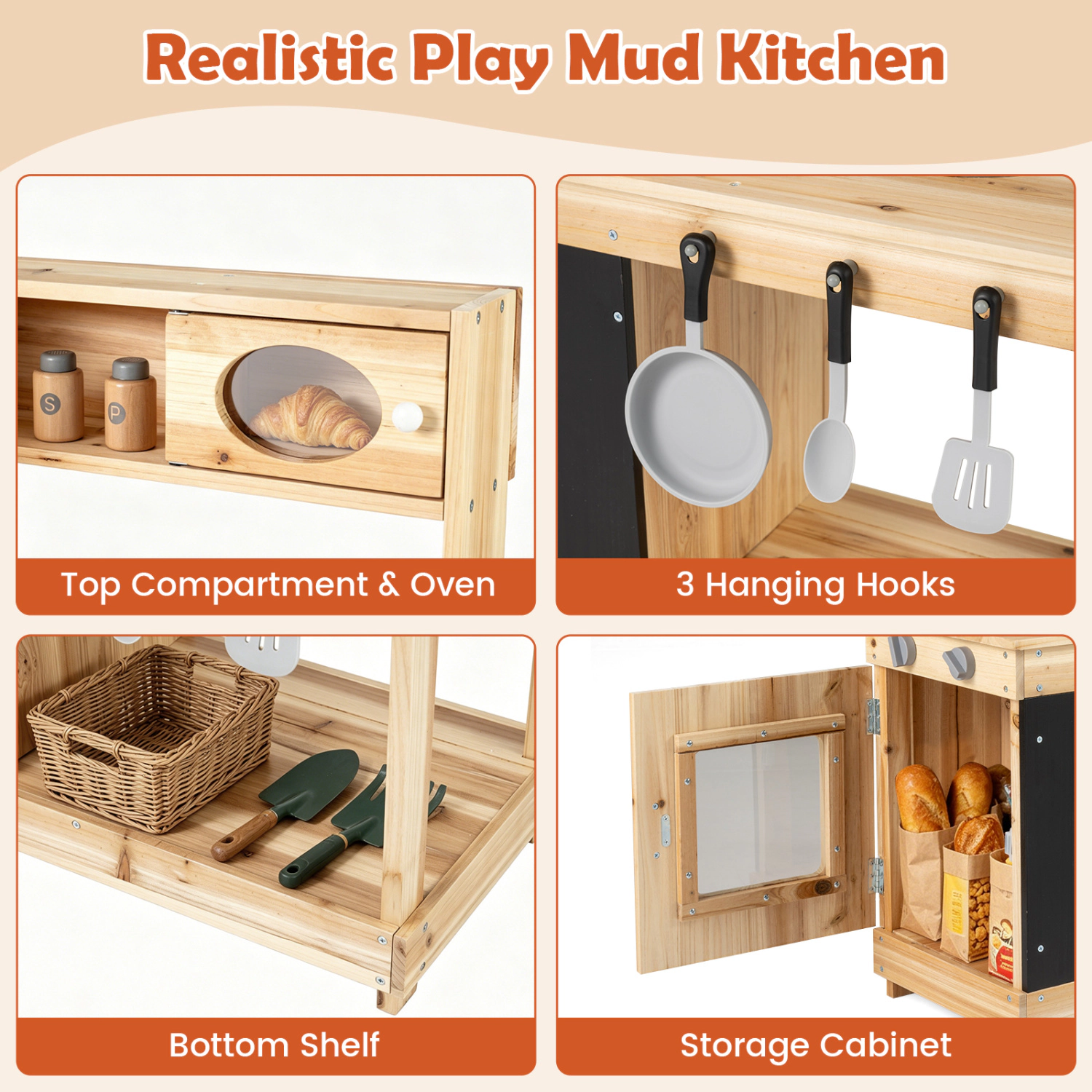 Hivvago Kids Outdoor Wooden Mud Kitchen with Stoves and Chalkboard