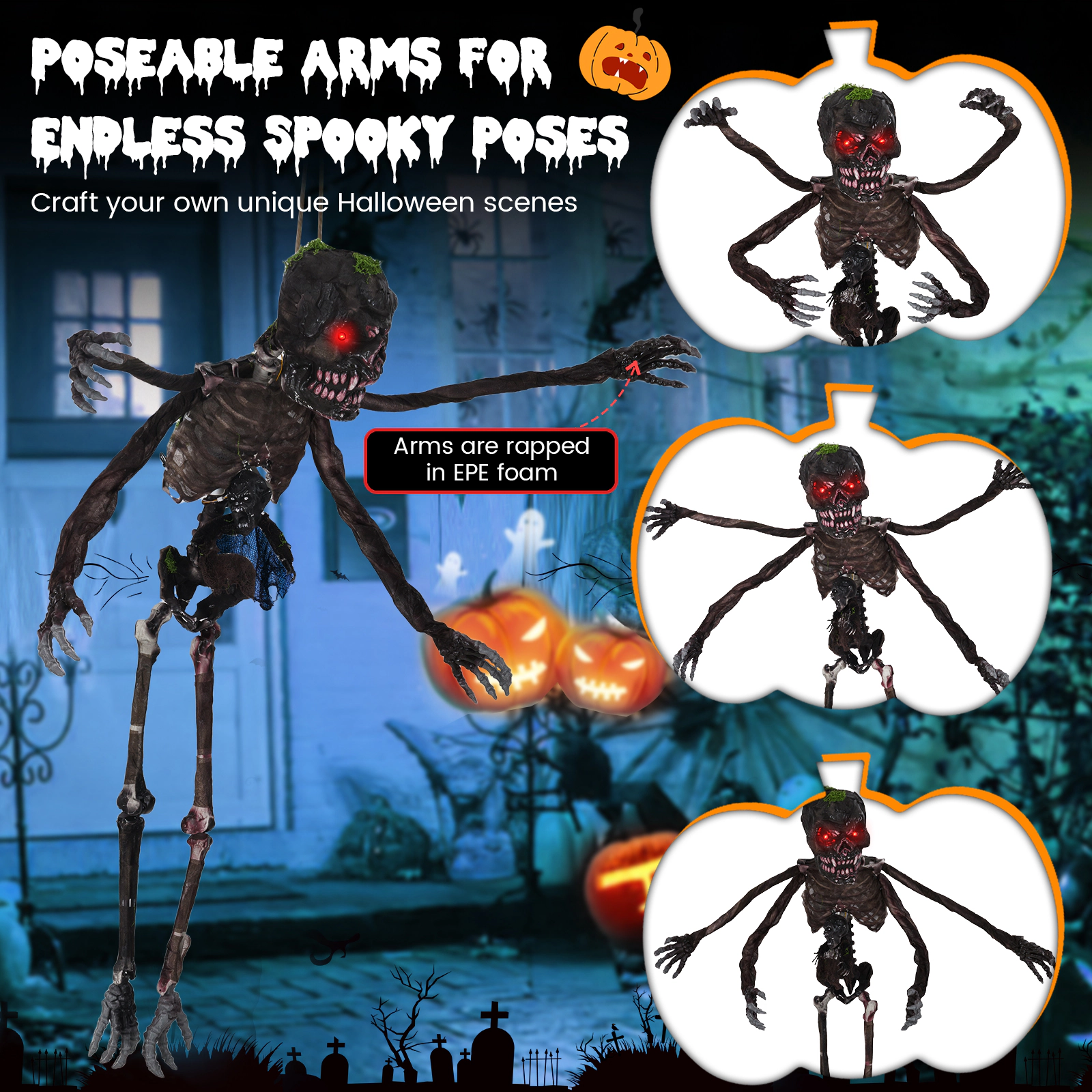 SUGIFT 6-ft 4 Poseable Arms Red LED Eyes Sound-Activated Animated Halloween Skeleton Decor 5.5-ft Wide 4.5-lb