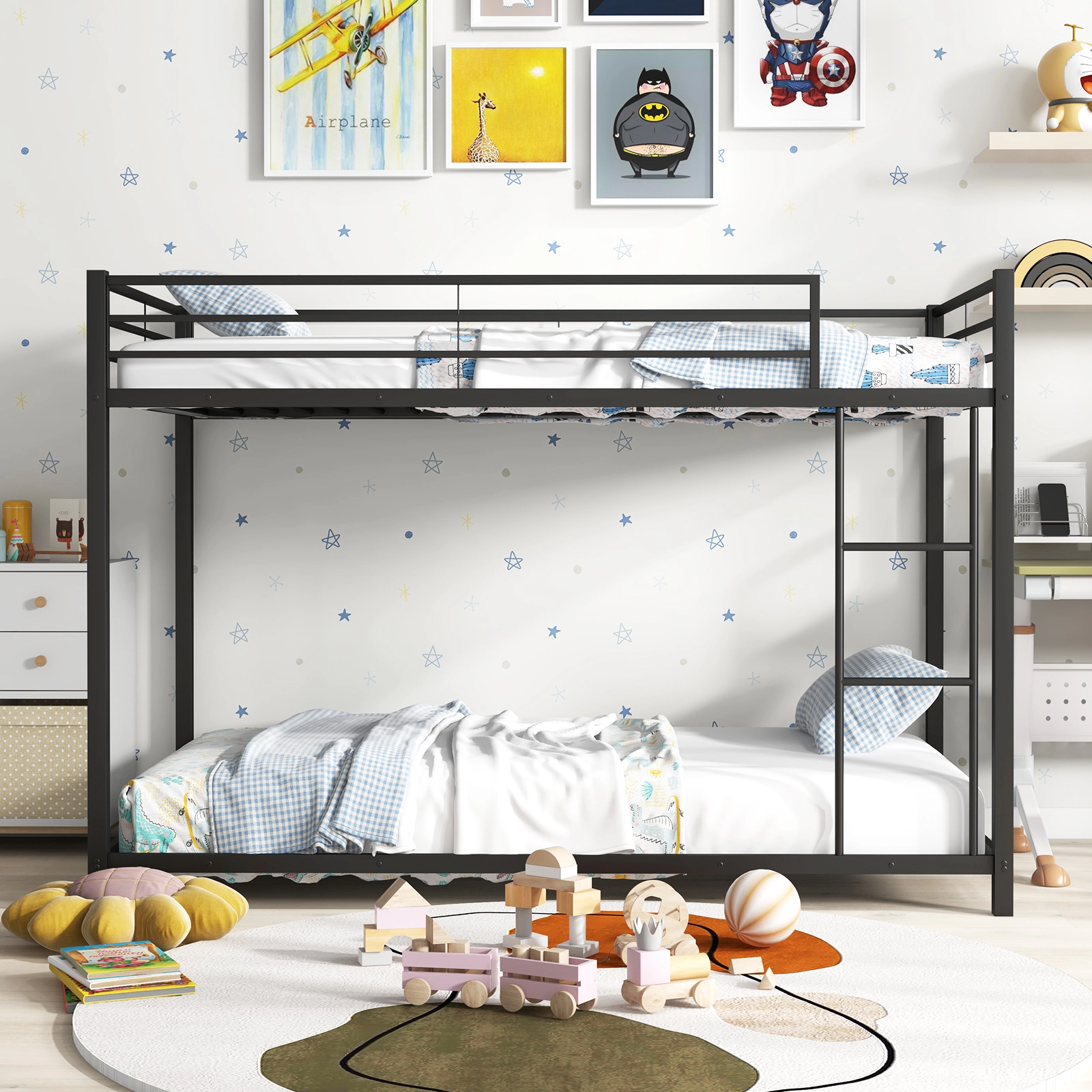 SUGIFT Low Profile Twin Over Twin Metal Bunk Bed 400-lb Upper Bed Capacity Twin Mattress Compatible Black/Silver/White