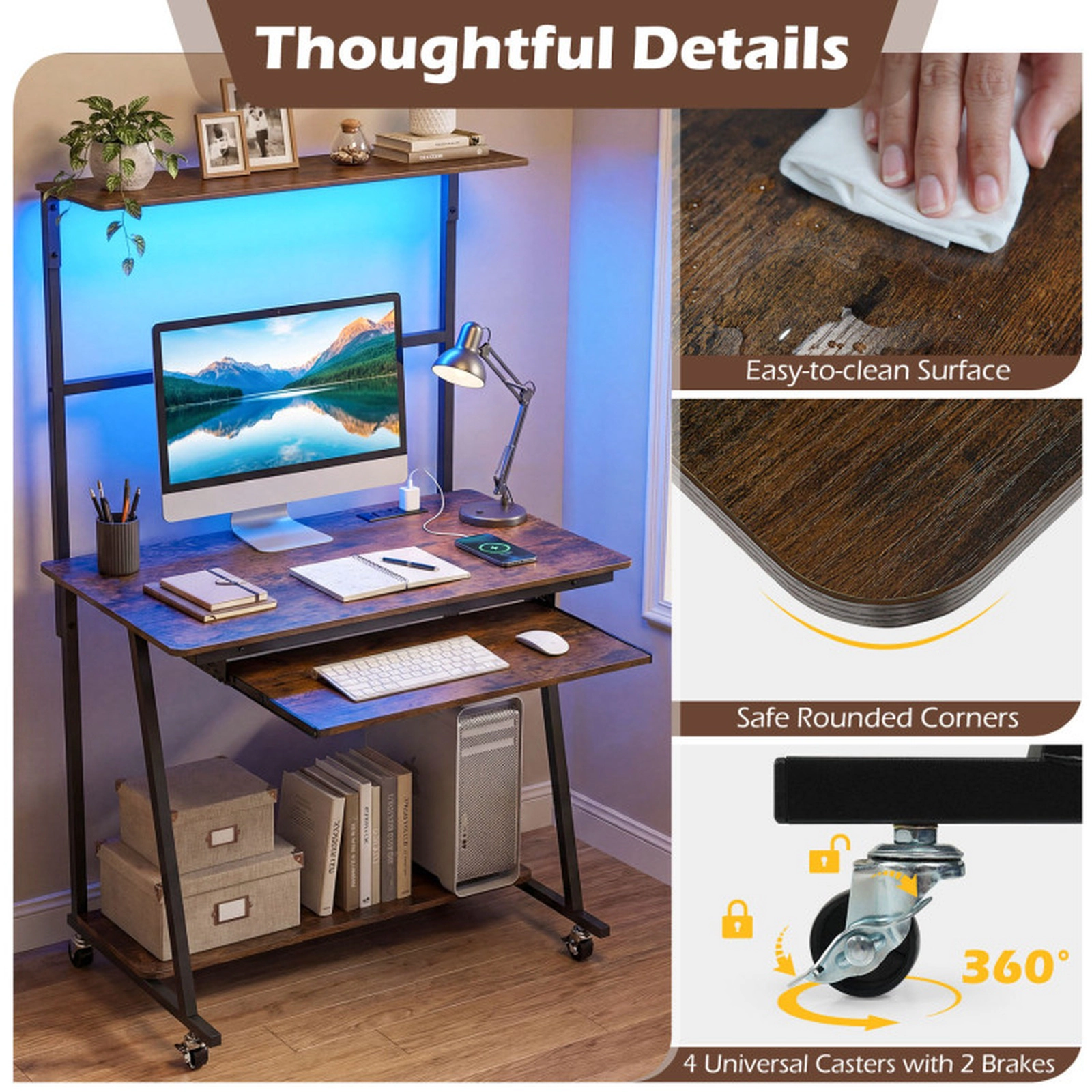 SUGIFT 4-Tier Small Computer Desk with Charging Station, LED Lights and Locking Wheels 165-lb Capacity Rustic Brown