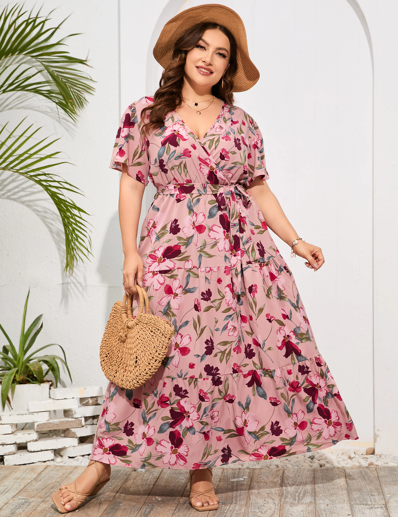 KOJOOIN Women's Plus Tropical Dresses V Neck Short Sleeve Floral Long Summer Casual Dress