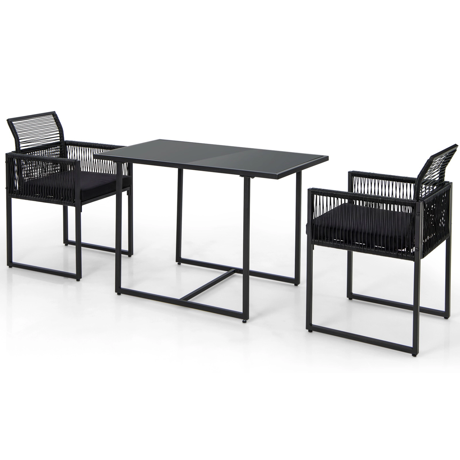 SUGIFT 3-Piece Black Patio Dining Set, Folding Rattan Chairs, 42.5-In Tempered Glass Table