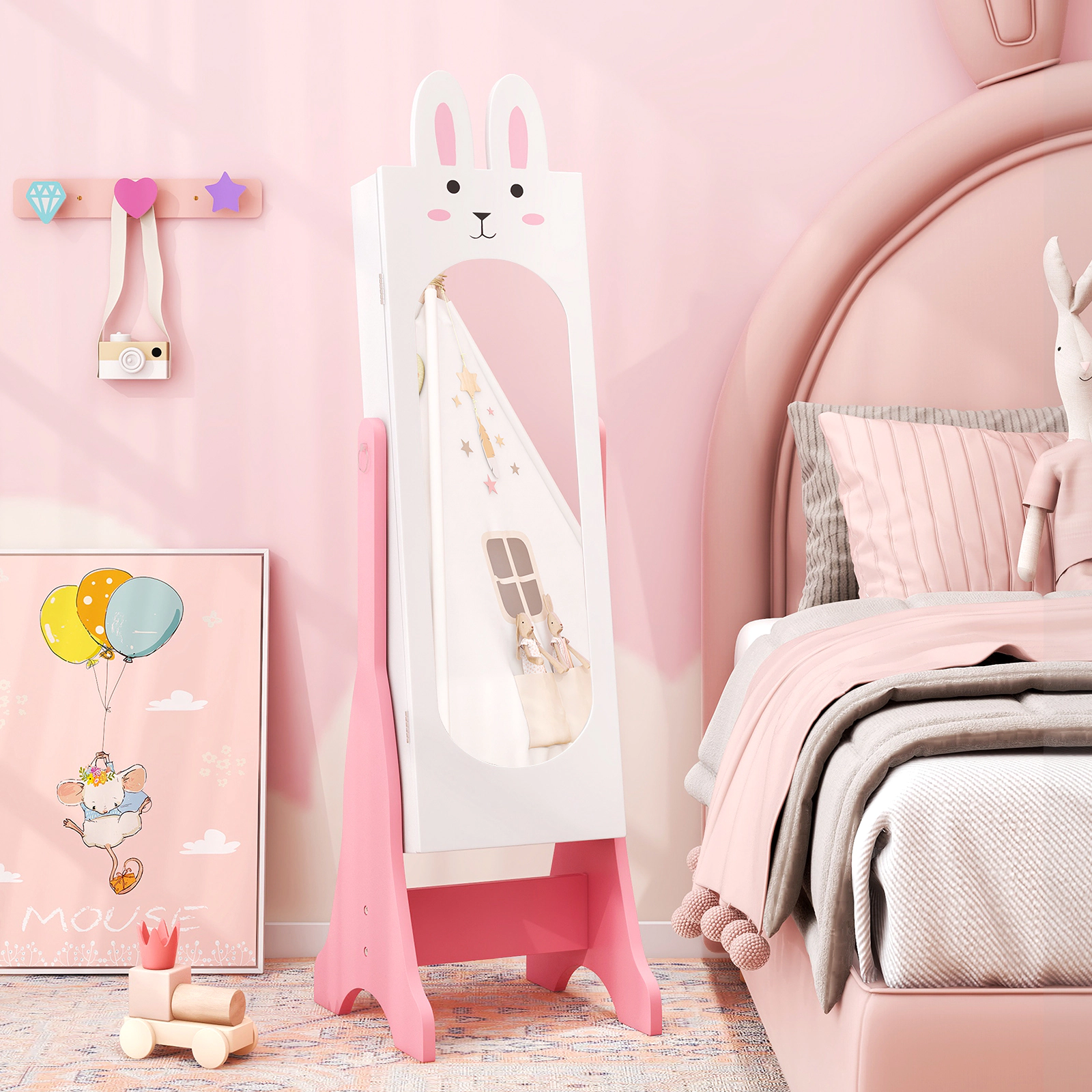 SUGIFT 4-Piece Kids Vanity Table Set with Chair and Full-Length Dressing Mirror 110-lb Stool Capacity Ages 3+ Pink/White