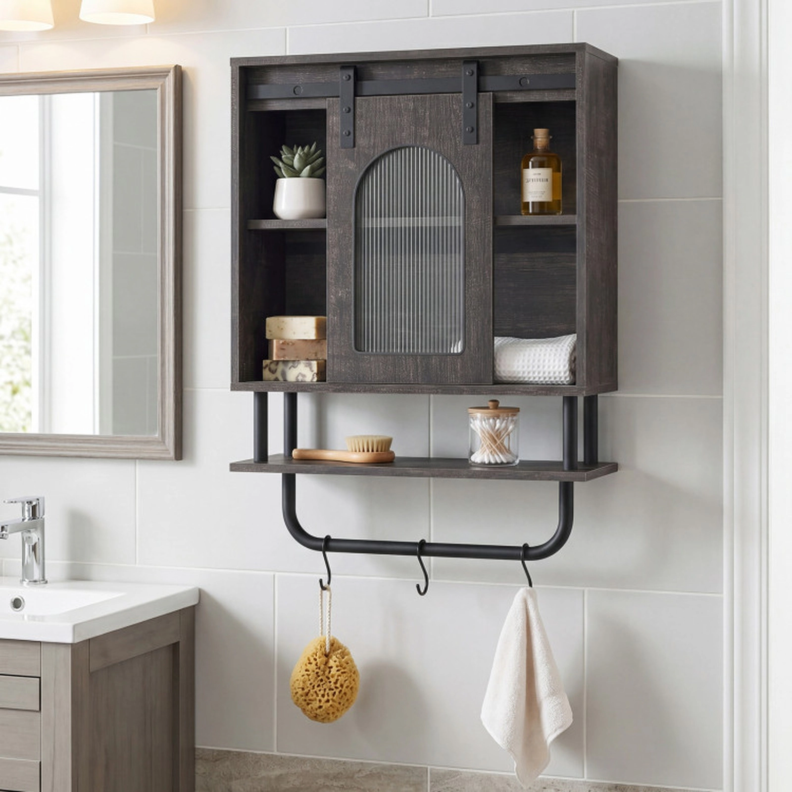 SUGIFT Barn Door Metal Bar 3 Hooks 3-Tier Wall Mount Bathroom Cabinet 20-in x 8-in x 27.5-in 66-lb Capacity Black