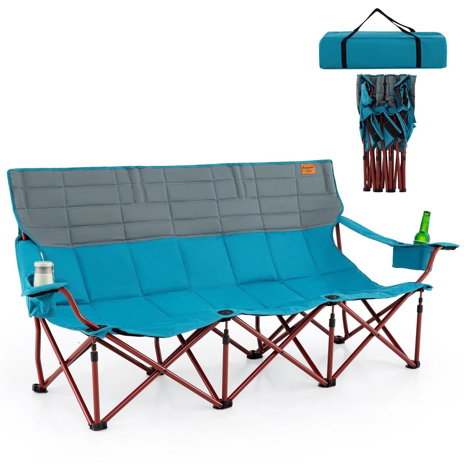 SUGIFT 3-Person Folding Camping Chair 900-lb Capacity with 2 Cup Holders and Storage Bag Blue