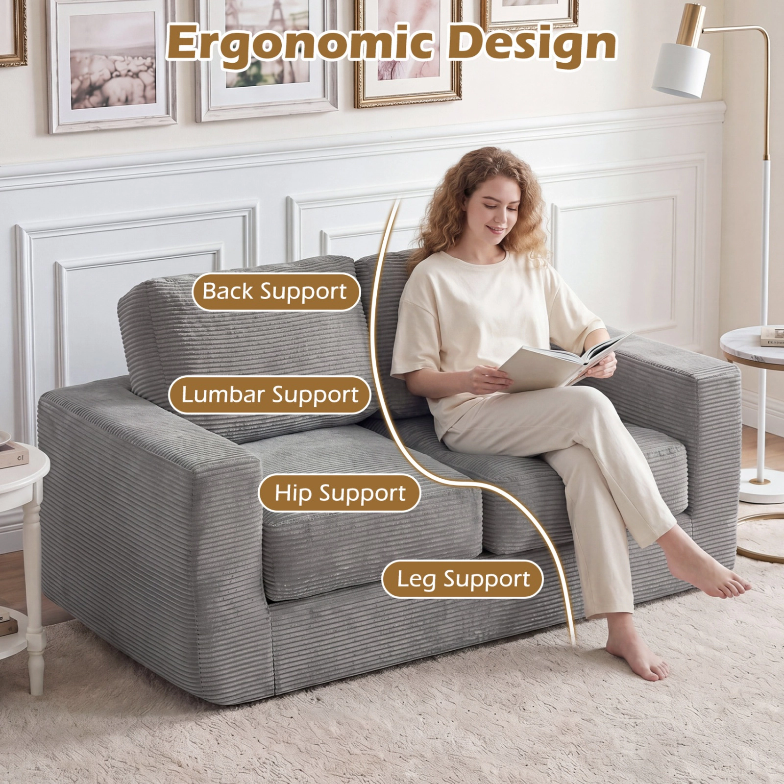 SUGIFT Gray Corduroy Floor Couch, 2-Seater Foam Loveseat, 660-lb Capacity