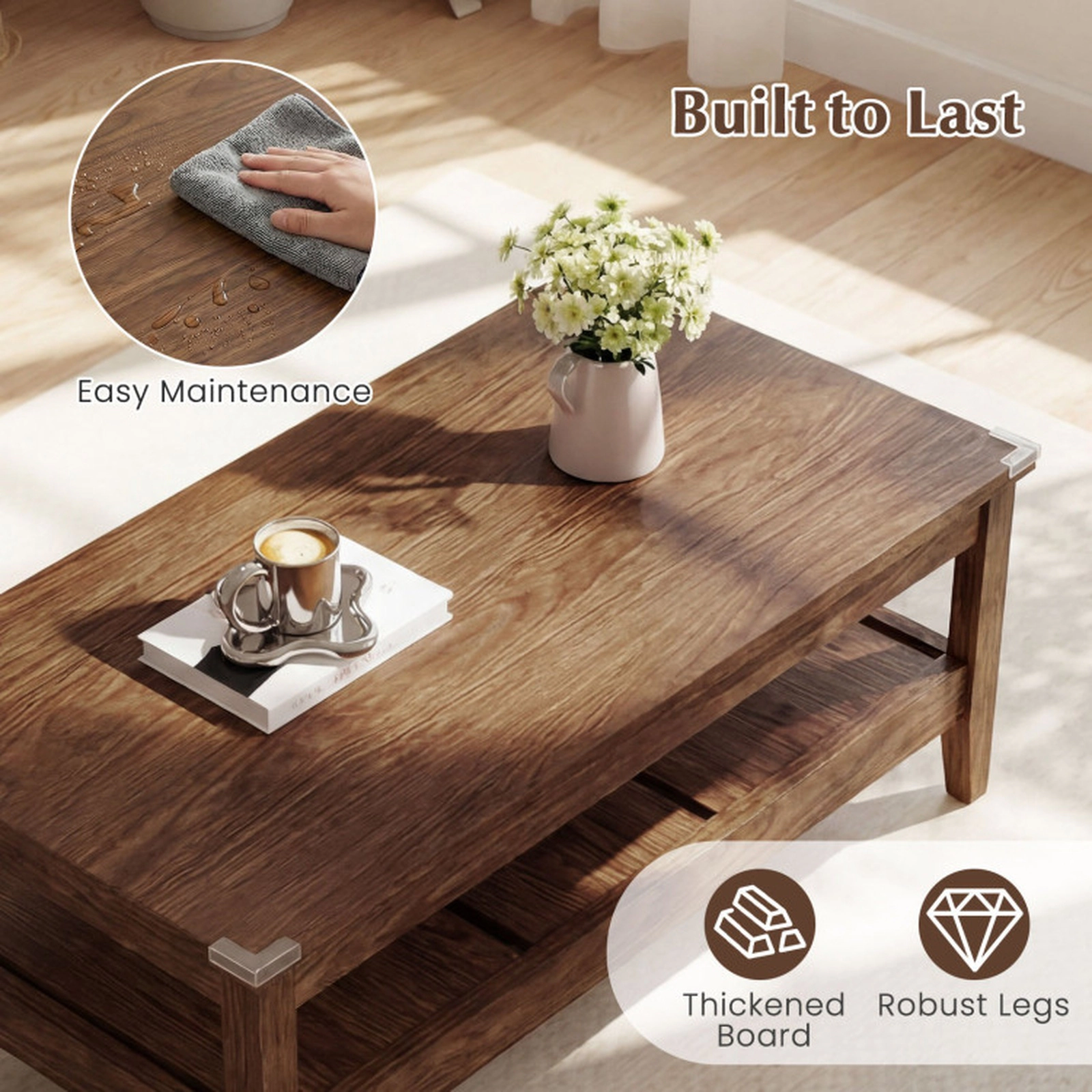 SUGIFT Farmhouse Rustic Coffee Table with Thickened Tabletop 110-lb Tabletop Capacity 22-lb Shelf Capacity Walnut/Blue