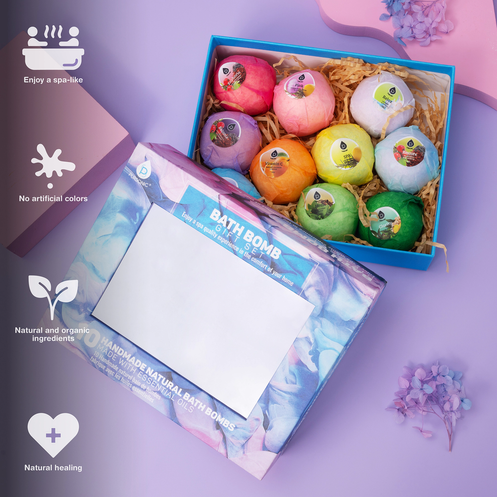 Pursonic Unisex Natural Organic Aromatherapy 10-Piece Handmade Bath Bomb Gift Set