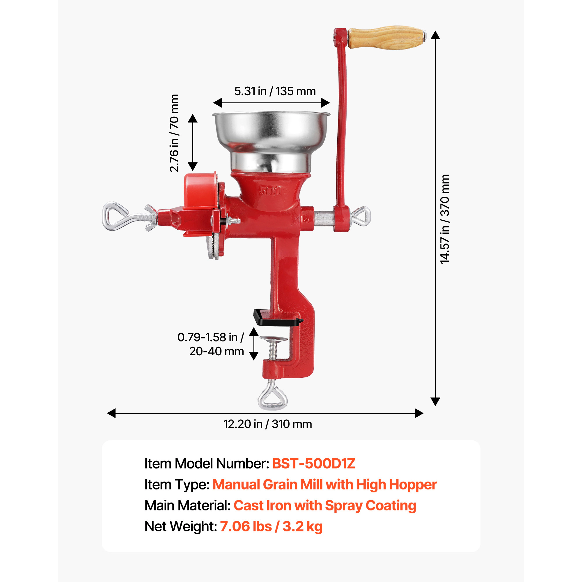 HONGGE Manual Grain Mill with Hopper, Hand-Crank Corn Grinder, Heavy Duty Cast Iron Wheat Grinding