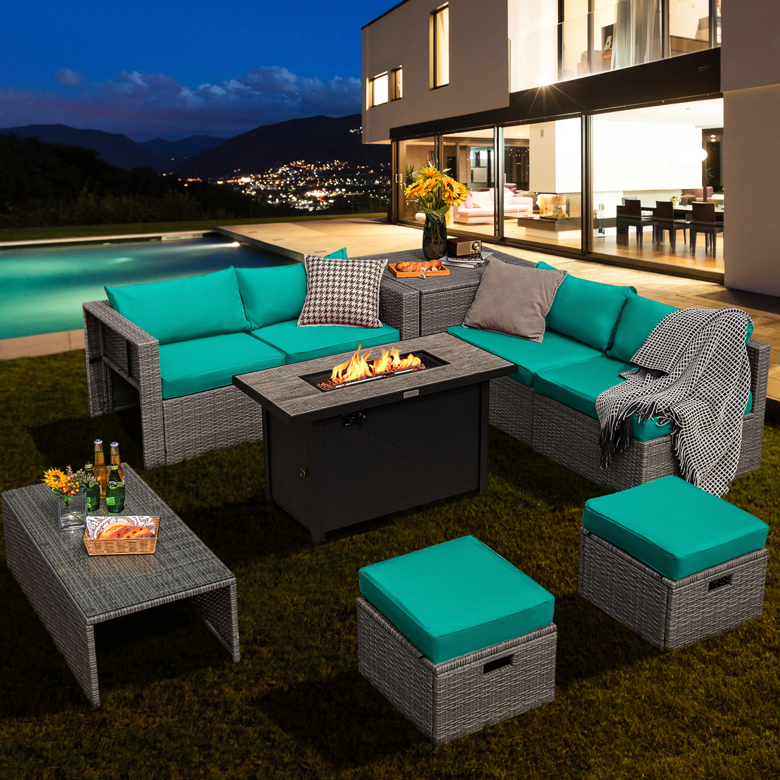 SUGIFT 42 in 60000 BTU Fire Pit Table and Storage Box 9-Piece Patio Rattan Sectional Set