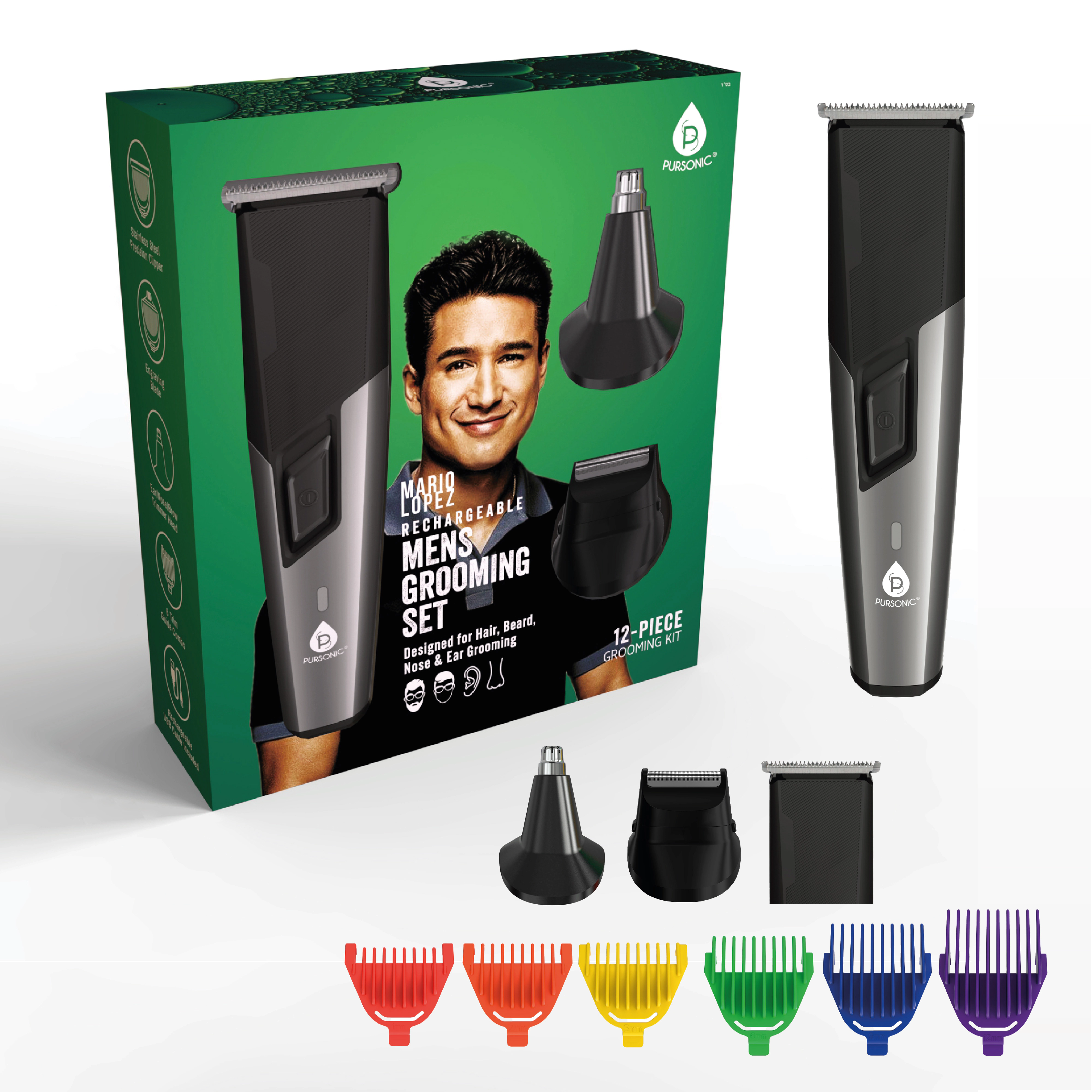 Pursonic Men's Rechargeable Multi-Grooming Kit Mario Lopez Hair, Beard, Nose & Ear Trimmer Set