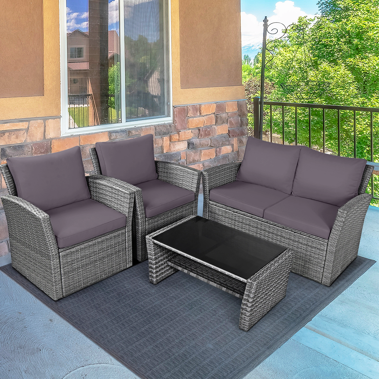 SUGIFT Gray Storage Shelf Coffee Table and Cushions 4-Piece Patio Rattan Sofa Set