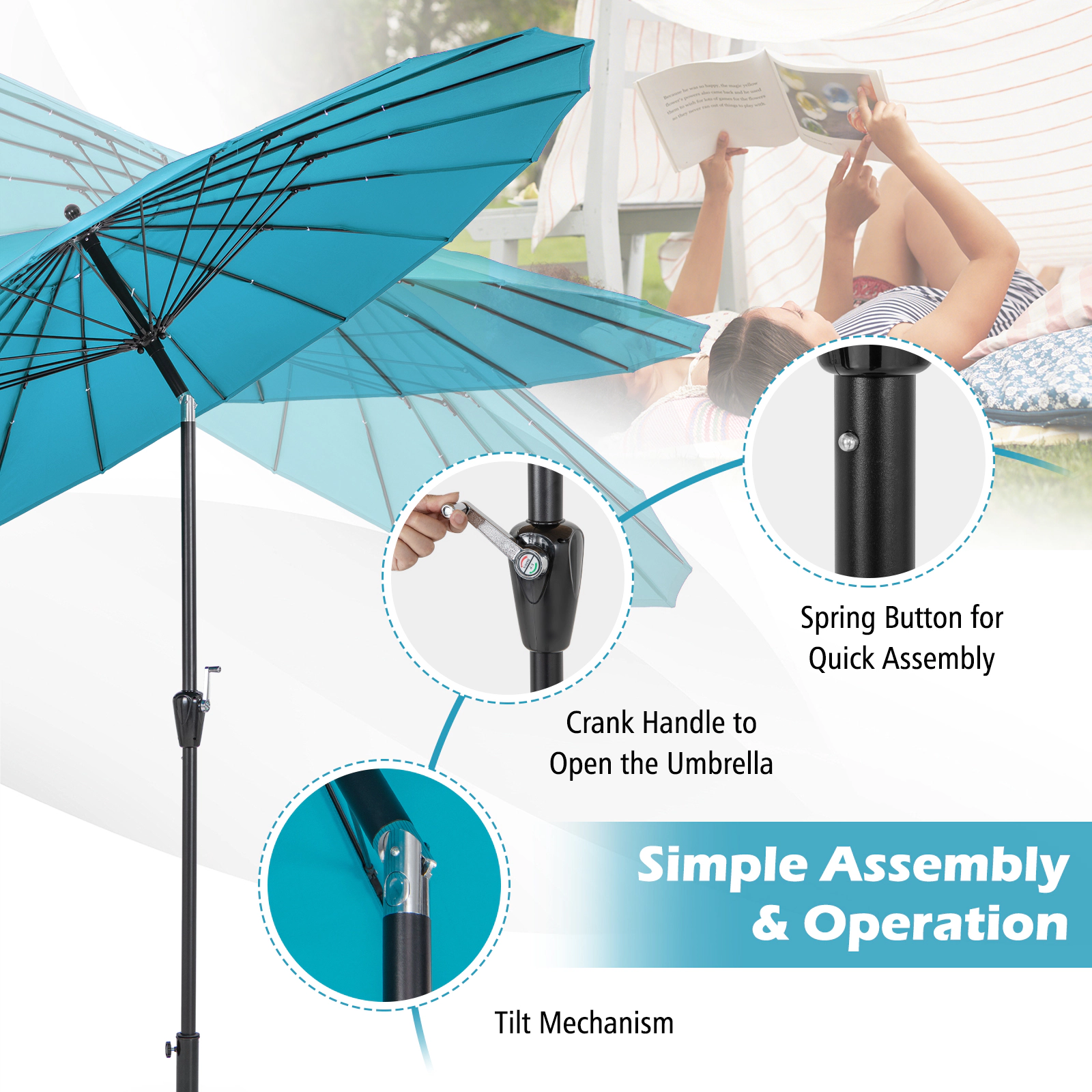 SUGIFT 9-ft Turquoise Round Patio Umbrella, 18 Fiberglass Ribs, Crank Lift, Manual Tilt