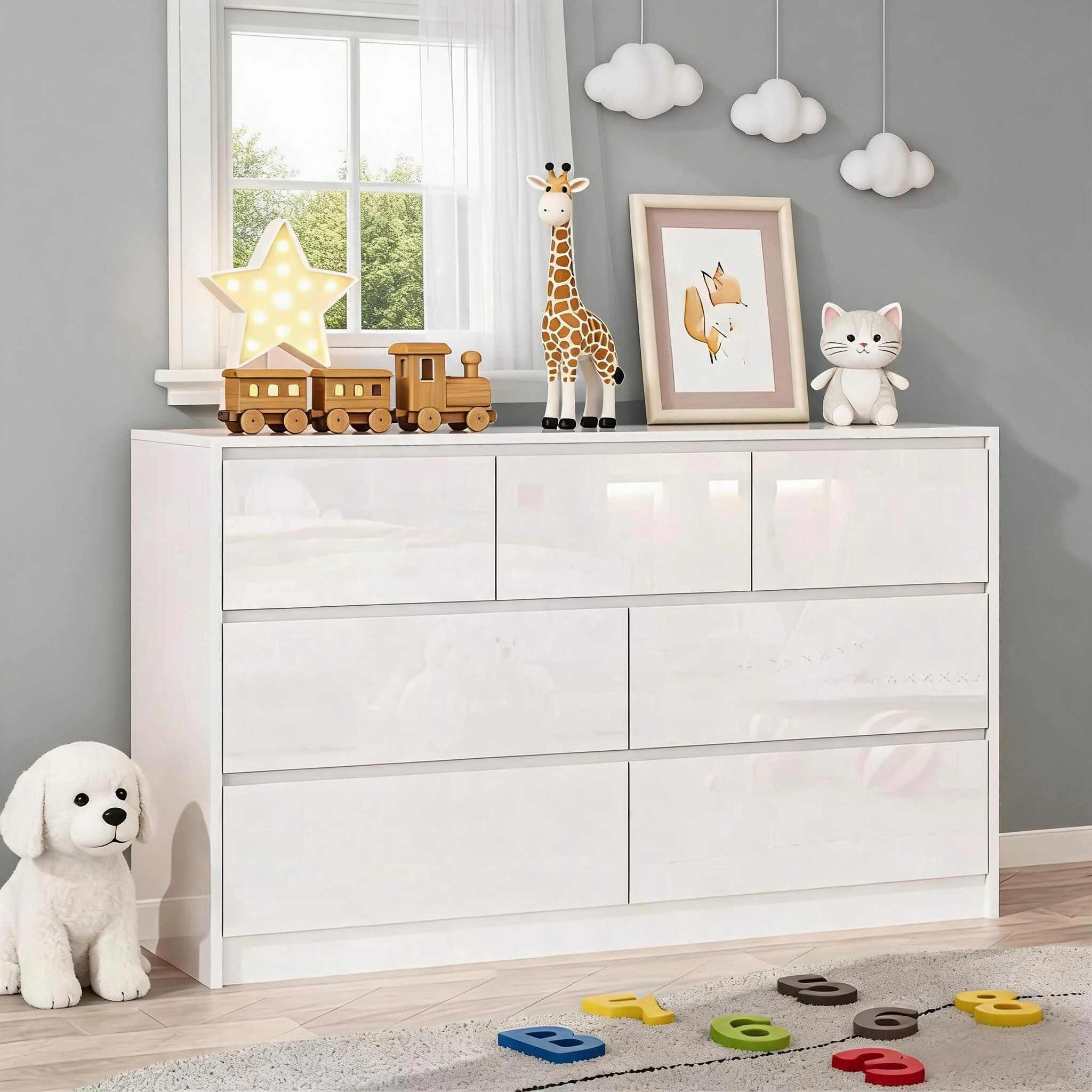 55" Full High Gloss Dresser with 7 Drawers, Modern Wide Storage Chest for Bedroom