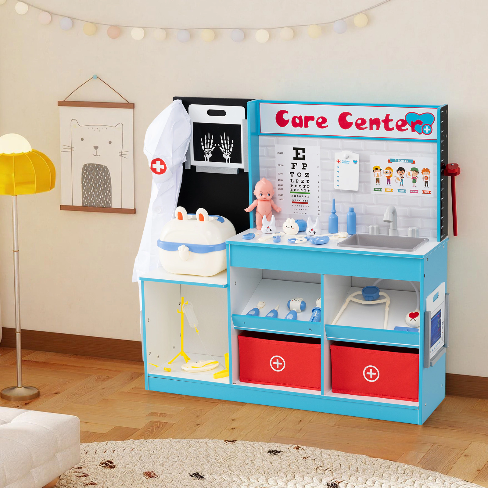 Wooden Doctor Playset X-Ray Film ECG Monitor Eye Chart 33.5-in Kids Medical Toy Set 29-pc Carrying Case Ages 3-6 Blue