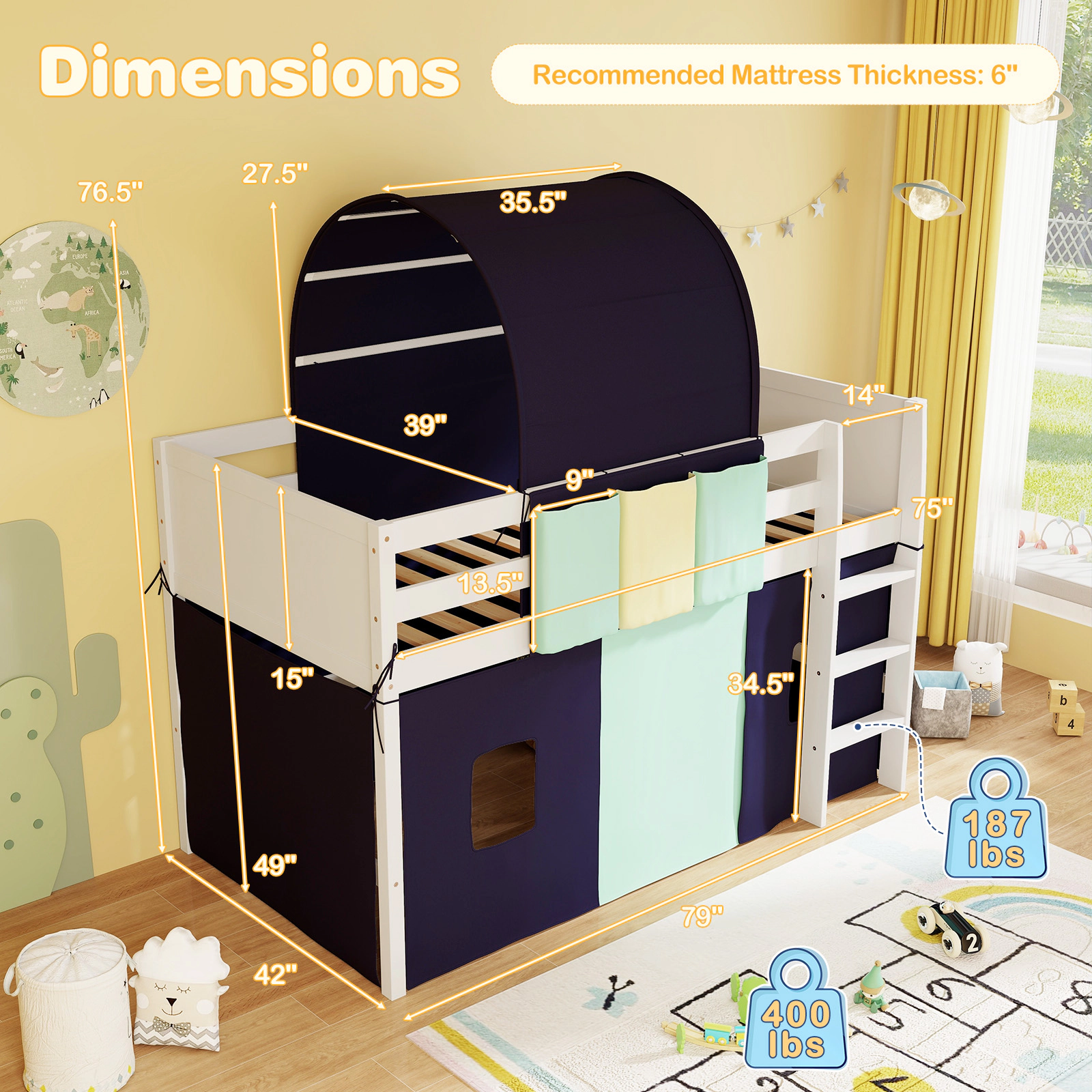 SUGIFT Navy Tower Tent and 3 Storage Pockets Twin Size Kids Loft Playhouse Bed