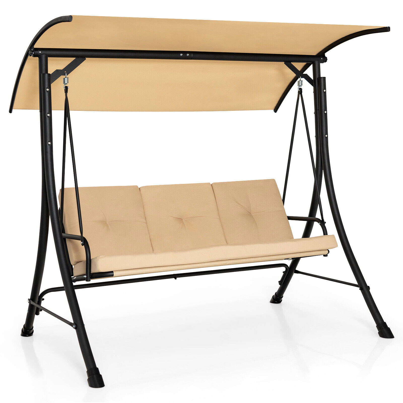 SUGIFT 3-Seat Outdoor Porch Swing with Adjustable Canopy and Padded Cushions 800-lb Capacity Beige/Brown