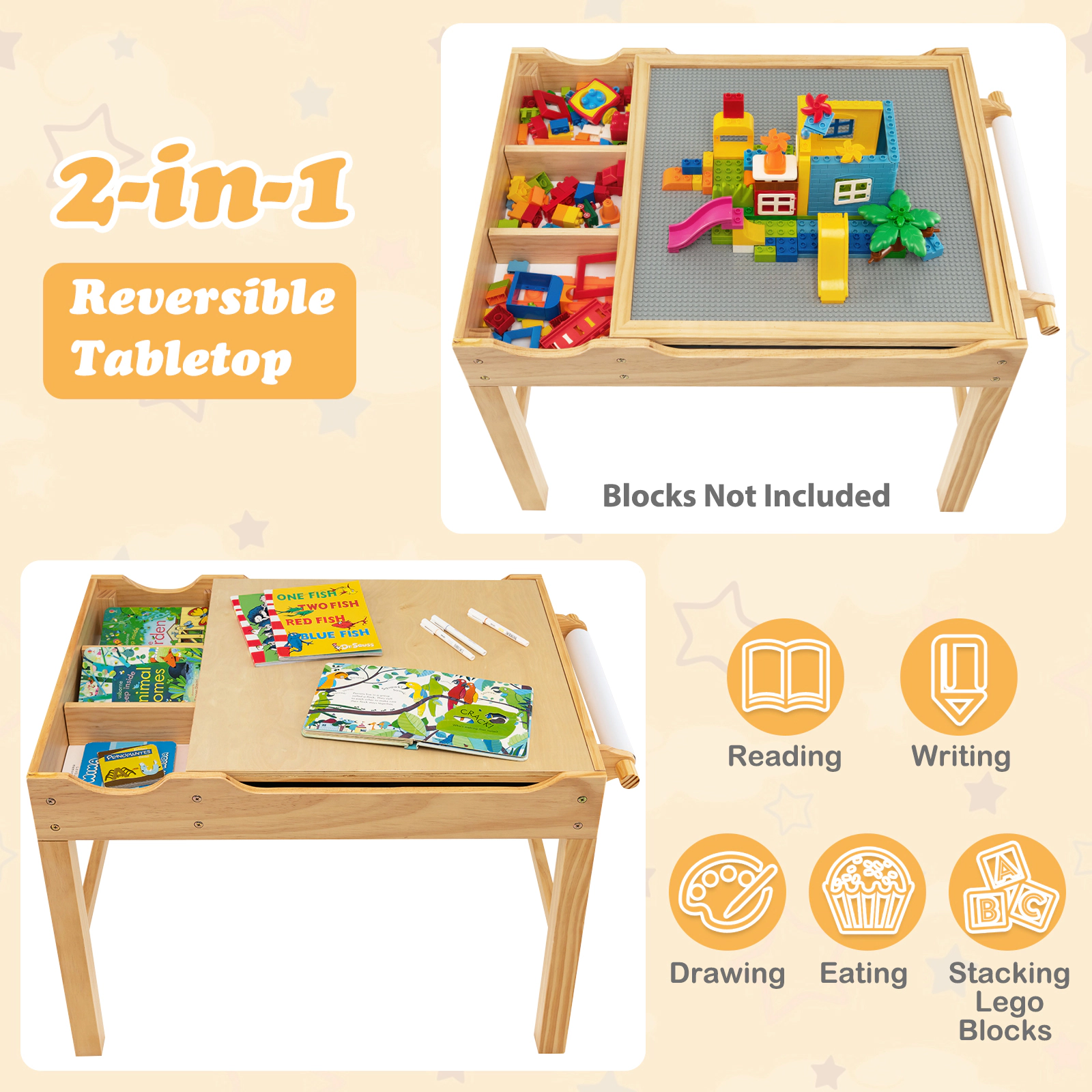 Hivvago Kids Multi Activity Play Table Wooden Building Block Desk With Storage Paper Roll