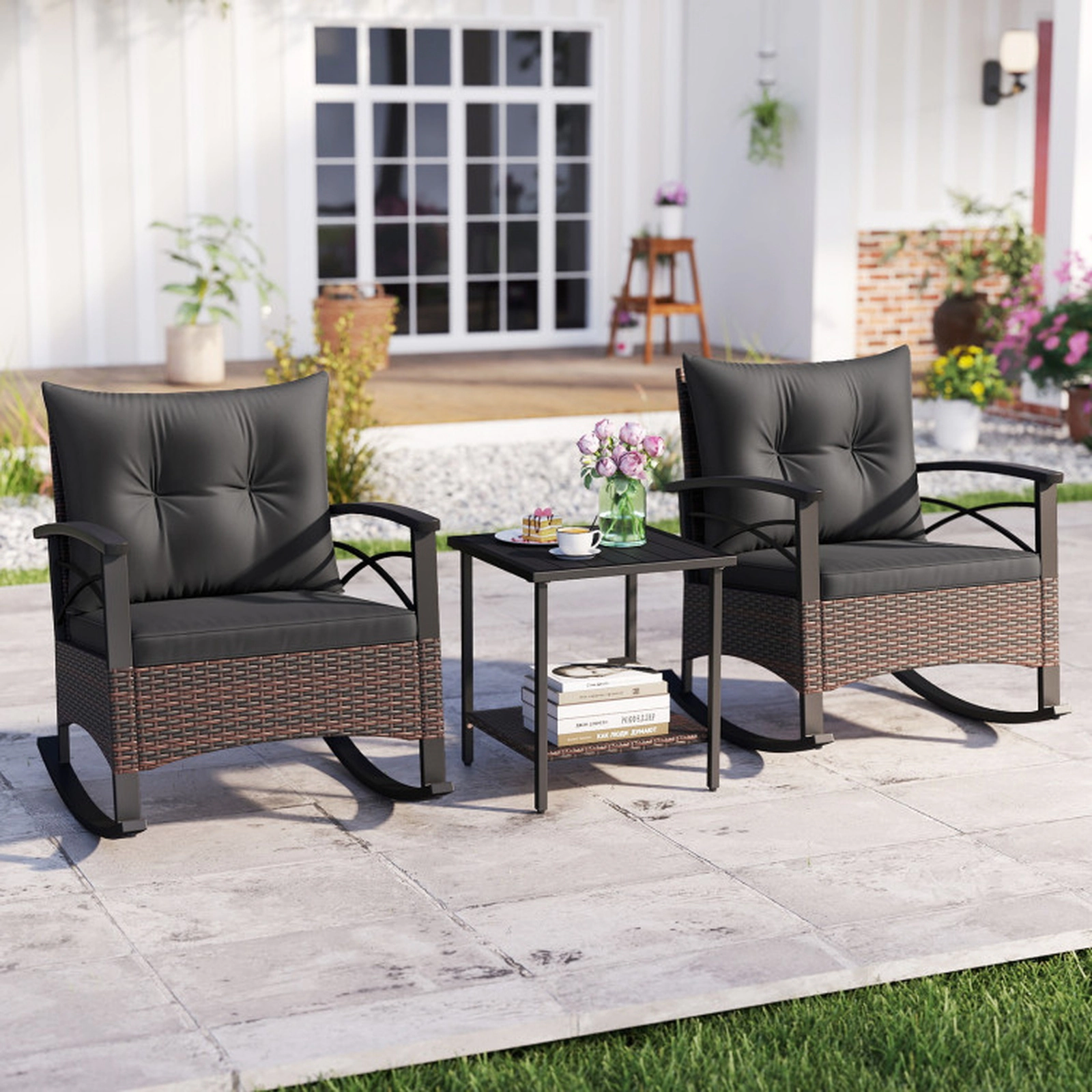 SUGIFT Rocking Conversation Bistro Set with Rocker Chairs & 2-Tier Table 400-lb Chair Capacity Mix Brown Rattan Cushions