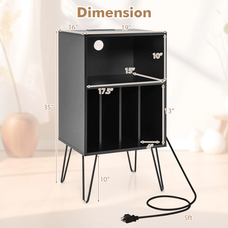 Hivvago Stylish Record Console with Charging Ports and Storage Shelves