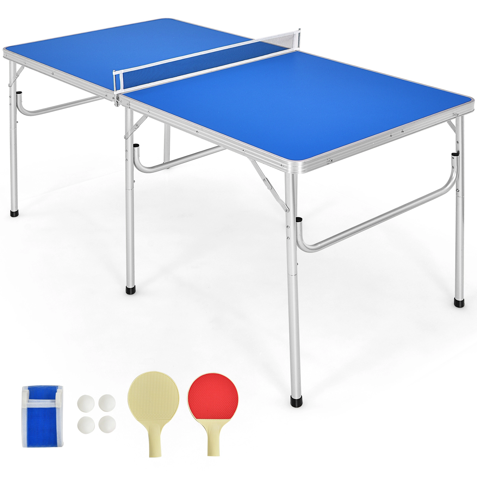 SUGIFT Blue Portable Folding Ping Pong Table with 2 Paddles Net and Built-In Handles 60-in W 30-in D 30-in H