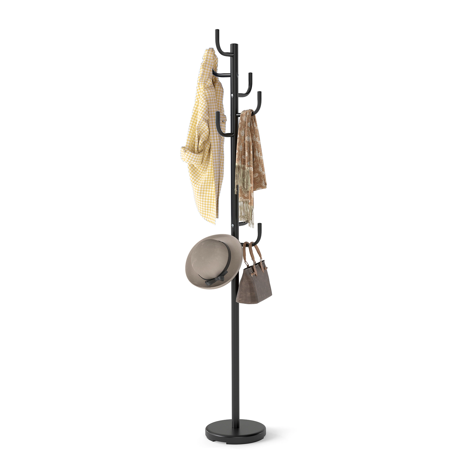 SUGIFT Black 69-in Tall Freestanding Metal Coat Rack Hat Tree with 8 Hooks and Weighted Round Base