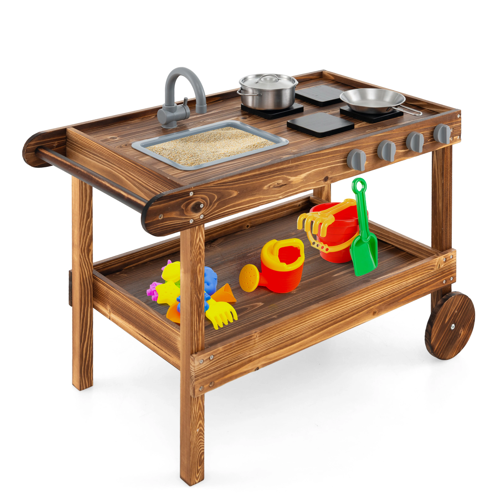 SUGIFT Movable Kids Wooden Mud Kitchen with Faucet Sink 4 Stoves 2 Rolling Wheels and Push Handle