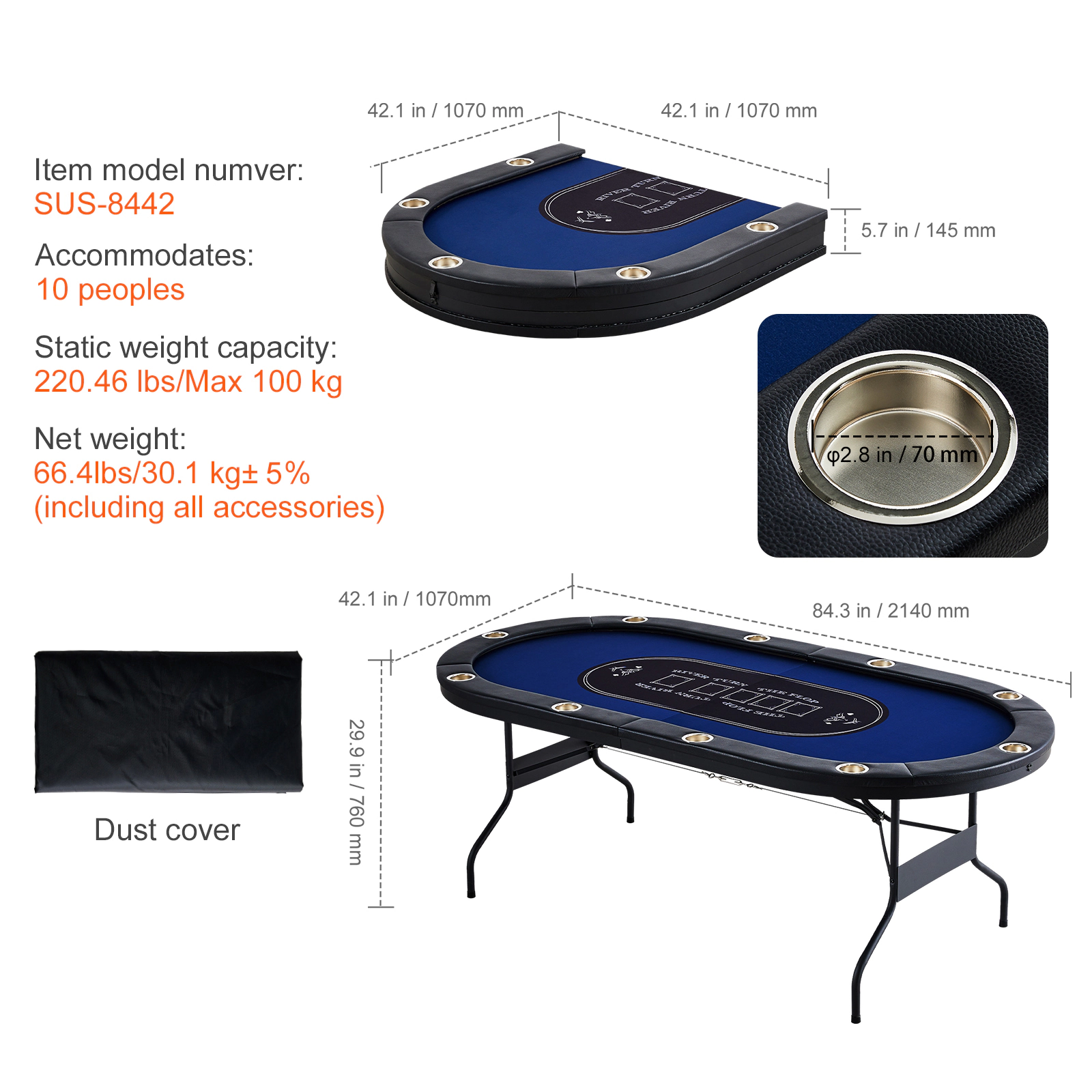 HONGGE Foldable Poker Table Player Folding Casino Leisure Table with Padded Rails and Cup Holders Oval Portable Game