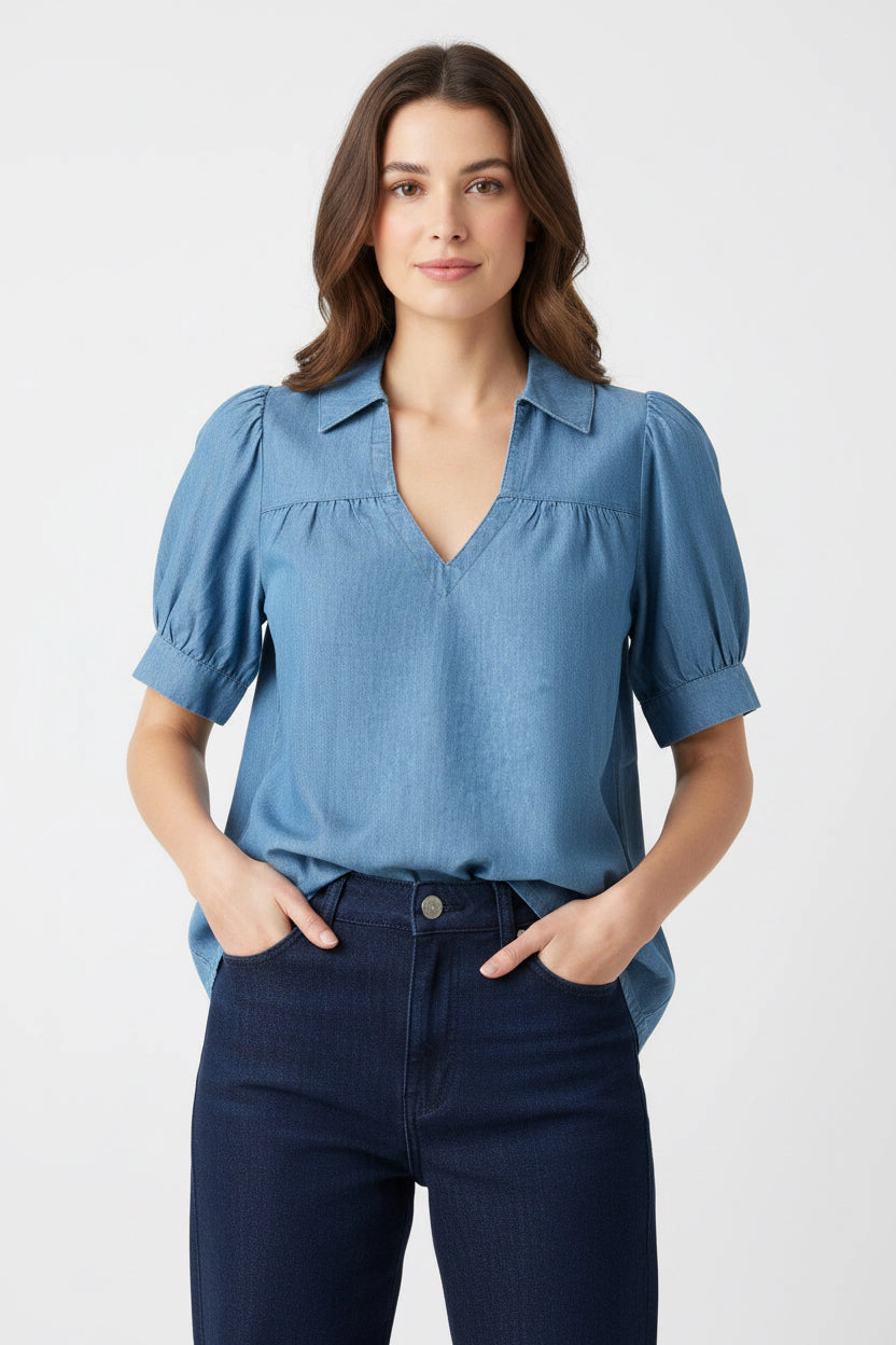 DressAtR Women's Blue Denim Puff Sleeve Deep V Neck Collared Blouse