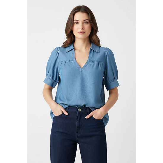 DressAtR Women's Blue Denim Puff Sleeve Deep V Neck Collared Blouse