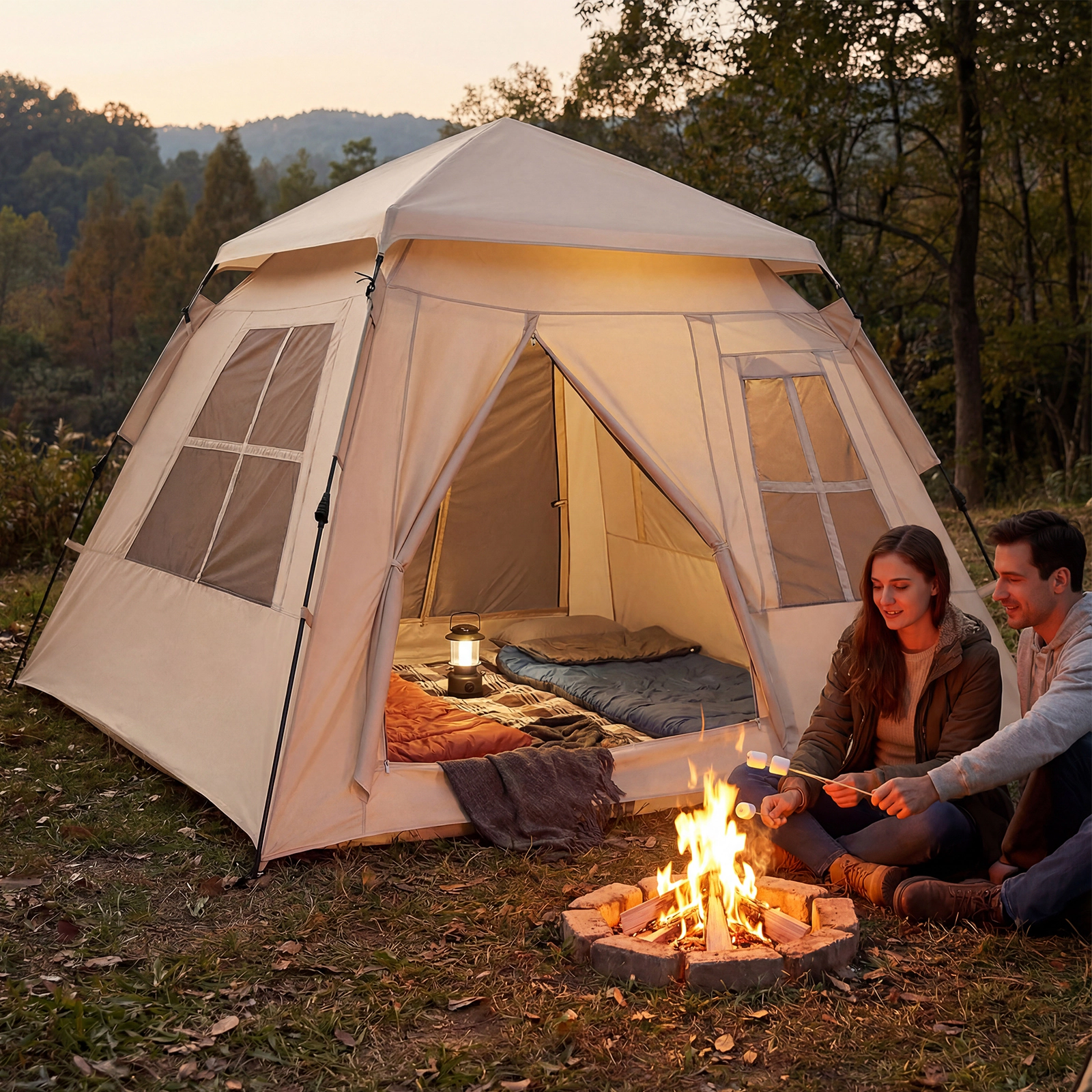 LJG 4 Person Camping Tent Portable Automatic Easy Setup with Rainfly and 2 Doors