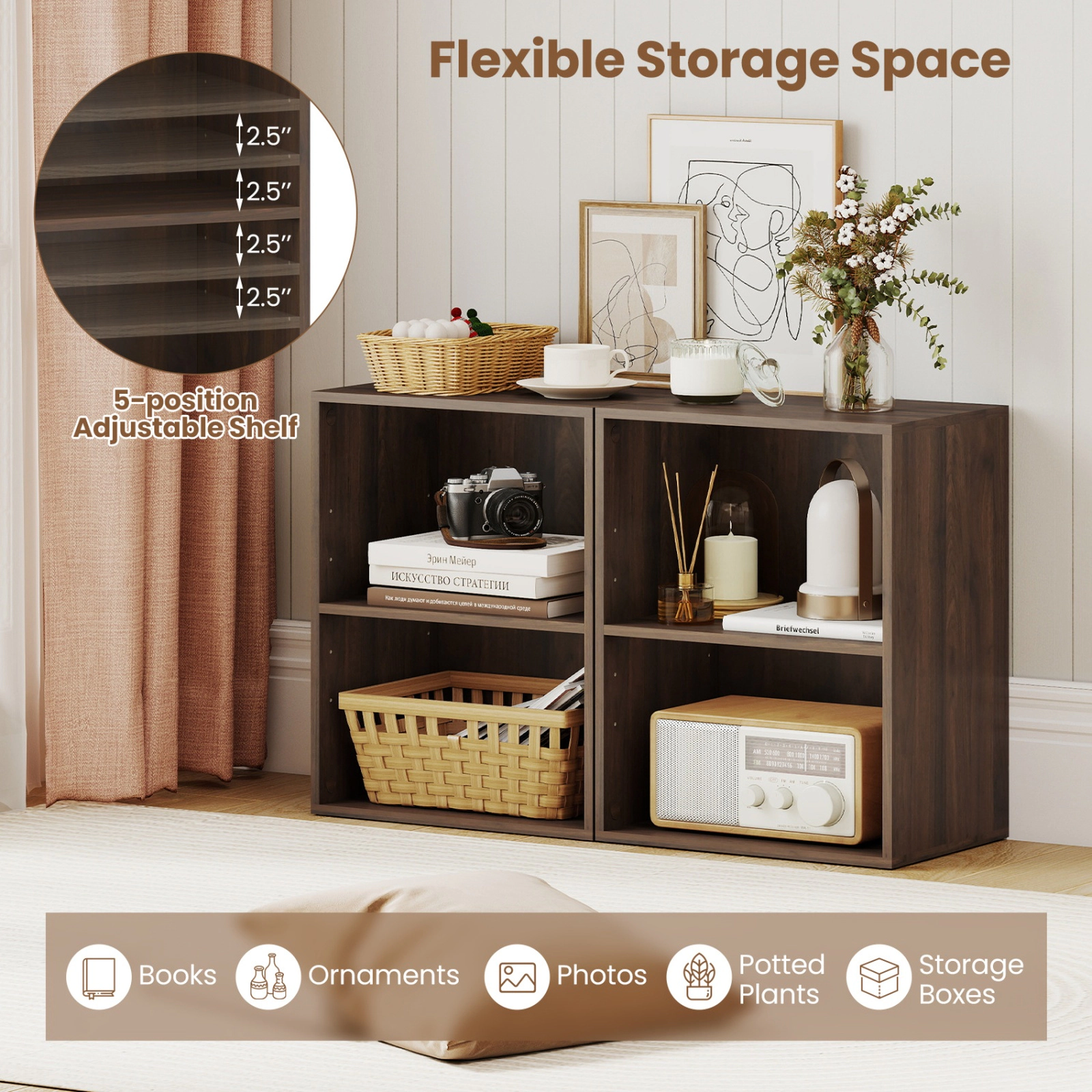 SUGIFT 2-Cube Dark Walnut 21-in Low Bookshelf with 5-Position Adjustable Shelf and Floor Standing Cube