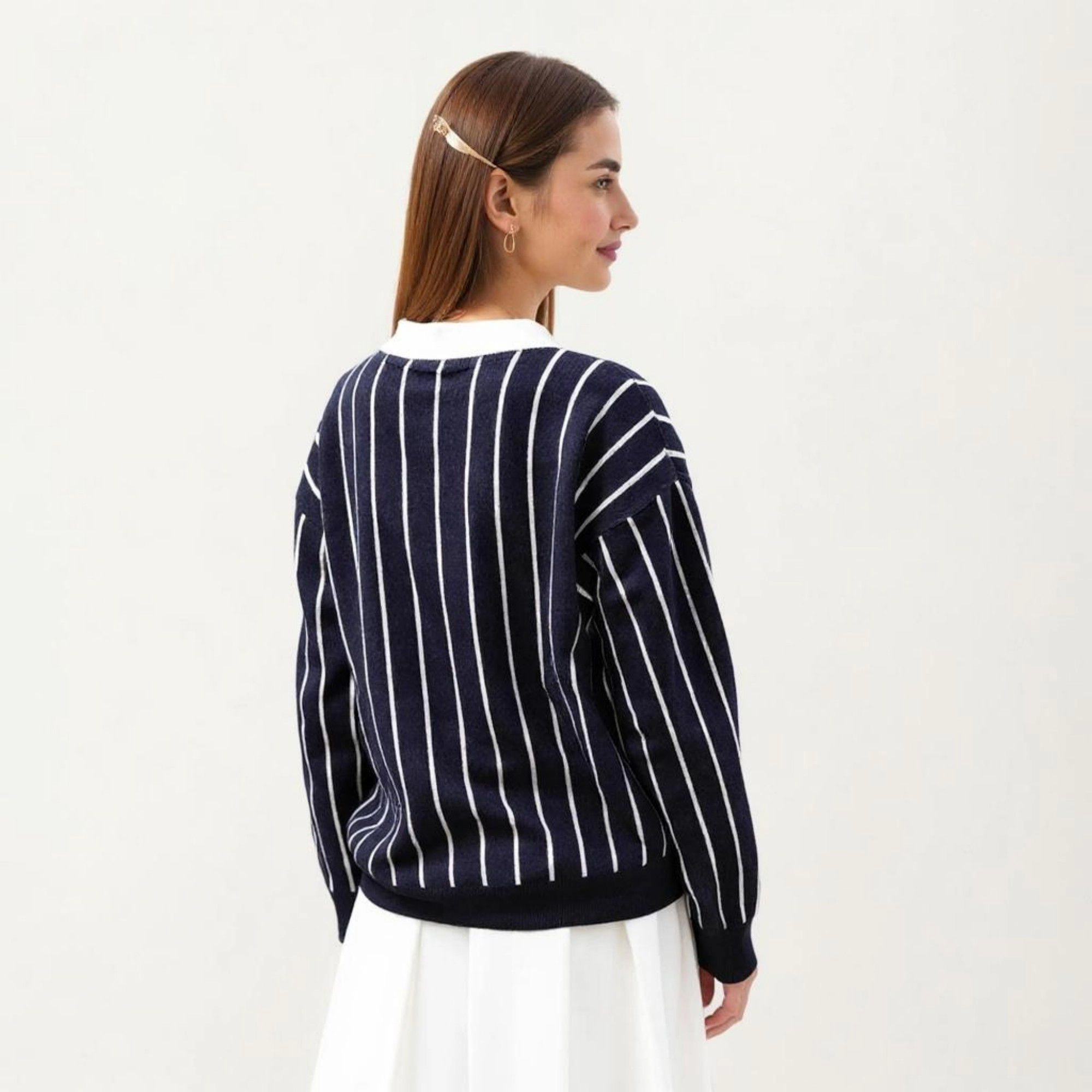 Anna-Kaci Women's Vertical Stripe Knit Collared Sweater with V-Neck Long Sleeves